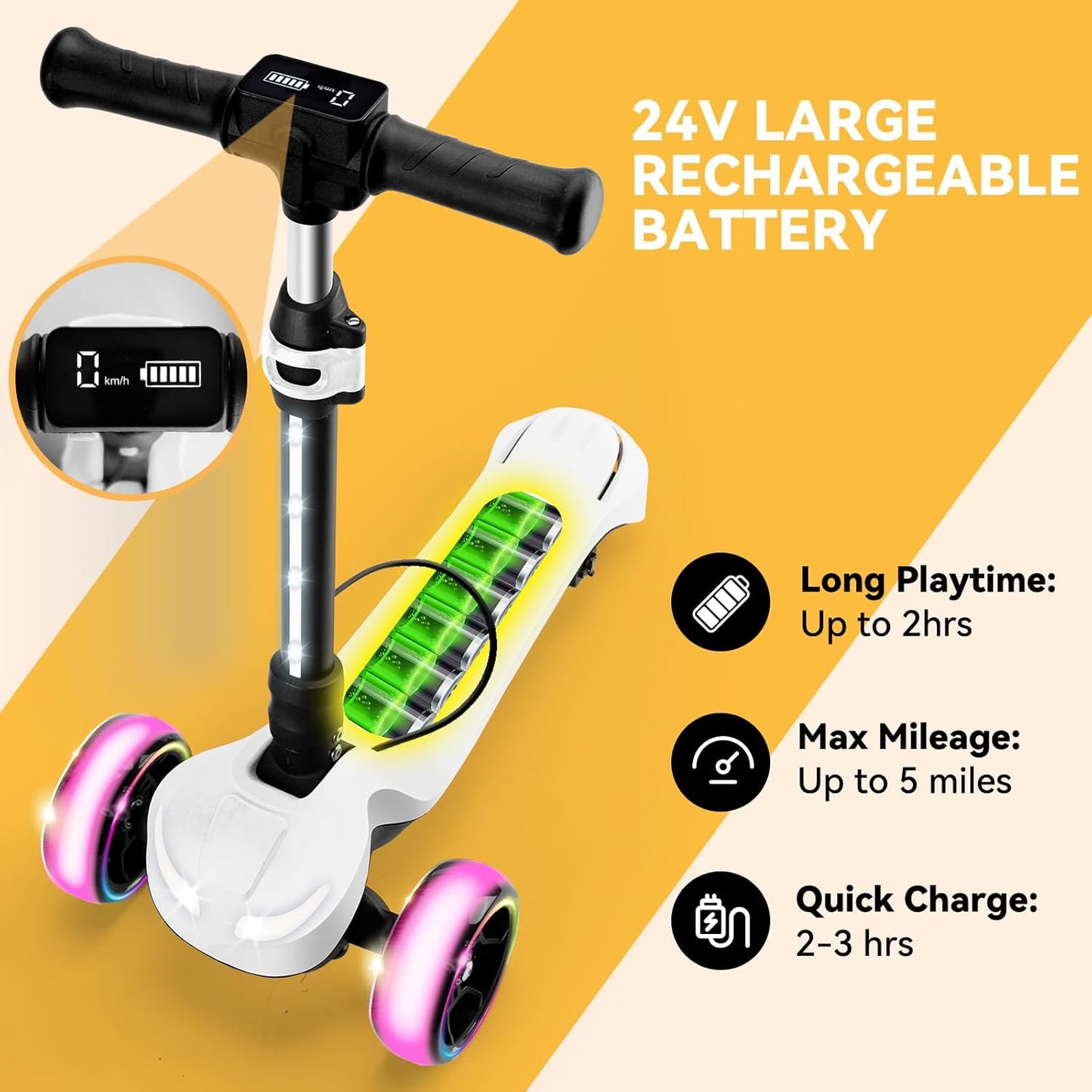 Dluxe Ave. 24V Electric Scooter for Kids w/150W Powerful Motor Thumb Throttle LCD Screen Bluetooth Light-Up Stem Deck & Wheel 3 Adjustable Heights 5MPH Safe Speed White