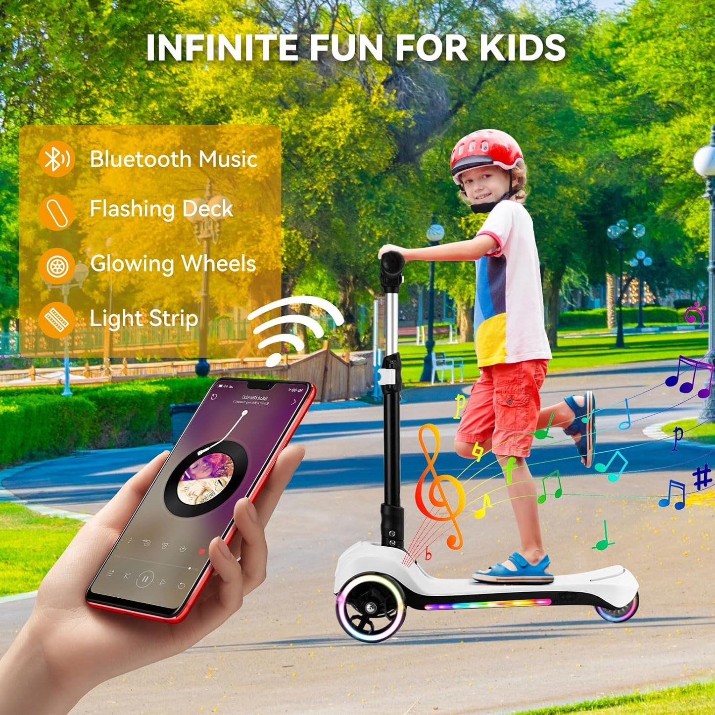 Dluxe Ave. 24V Electric Scooter for Kids w/150W Powerful Motor Thumb Throttle LCD Screen Bluetooth Light-Up Stem Deck & Wheel 3 Adjustable Heights 5MPH Safe Speed White
