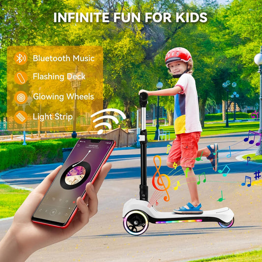 Dluxe Ave. 24V Electric Scooter for Kids w/150W Powerful Motor Thumb Throttle LCD Screen Bluetooth Light-Up Stem Deck & Wheel 3 Adjustable Heights 5MPH Safe Speed White