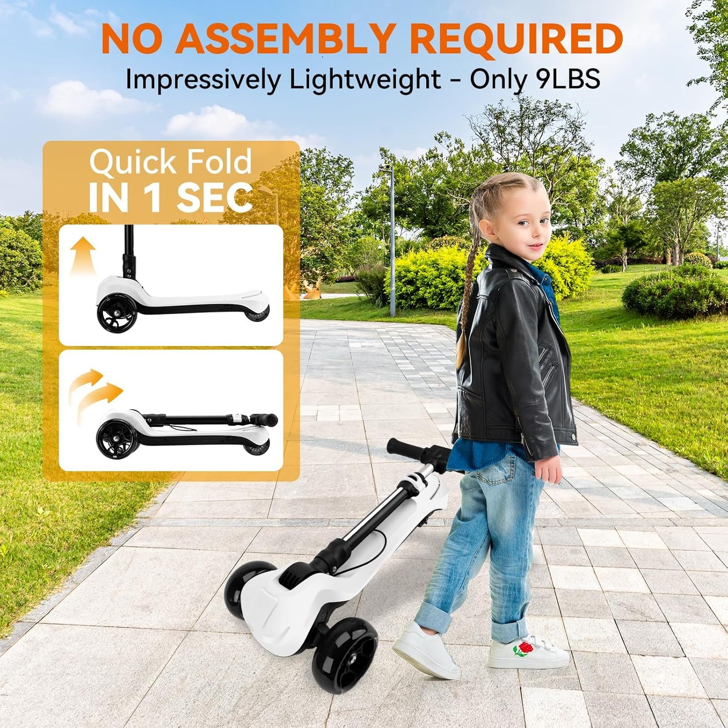 Dluxe Ave. 24V Electric Scooter for Kids w/150W Powerful Motor Thumb Throttle LCD Screen Bluetooth Light-Up Stem Deck & Wheel 3 Adjustable Heights 5MPH Safe Speed White