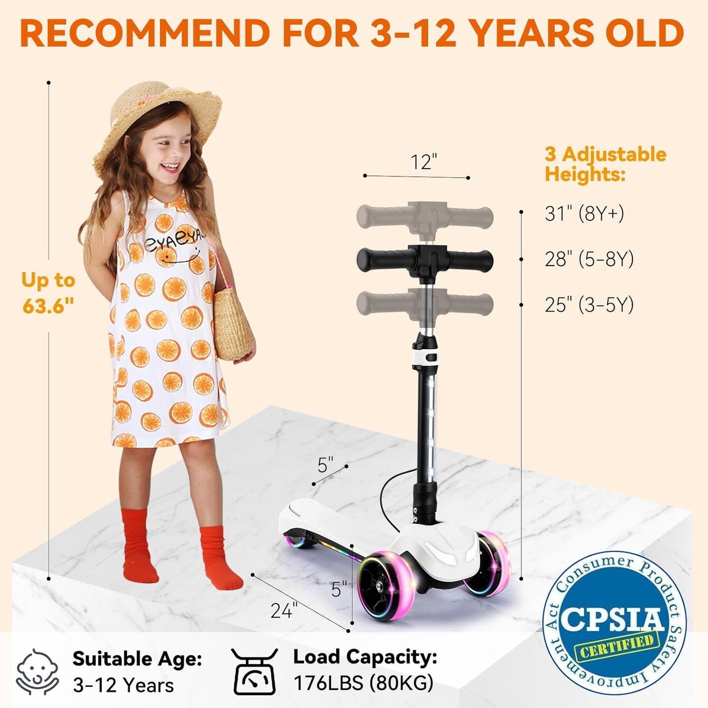 Dluxe Ave. 24V Electric Scooter for Kids w/150W Powerful Motor Thumb Throttle LCD Screen Bluetooth Light-Up Stem Deck & Wheel 3 Adjustable Heights 5MPH Safe Speed White