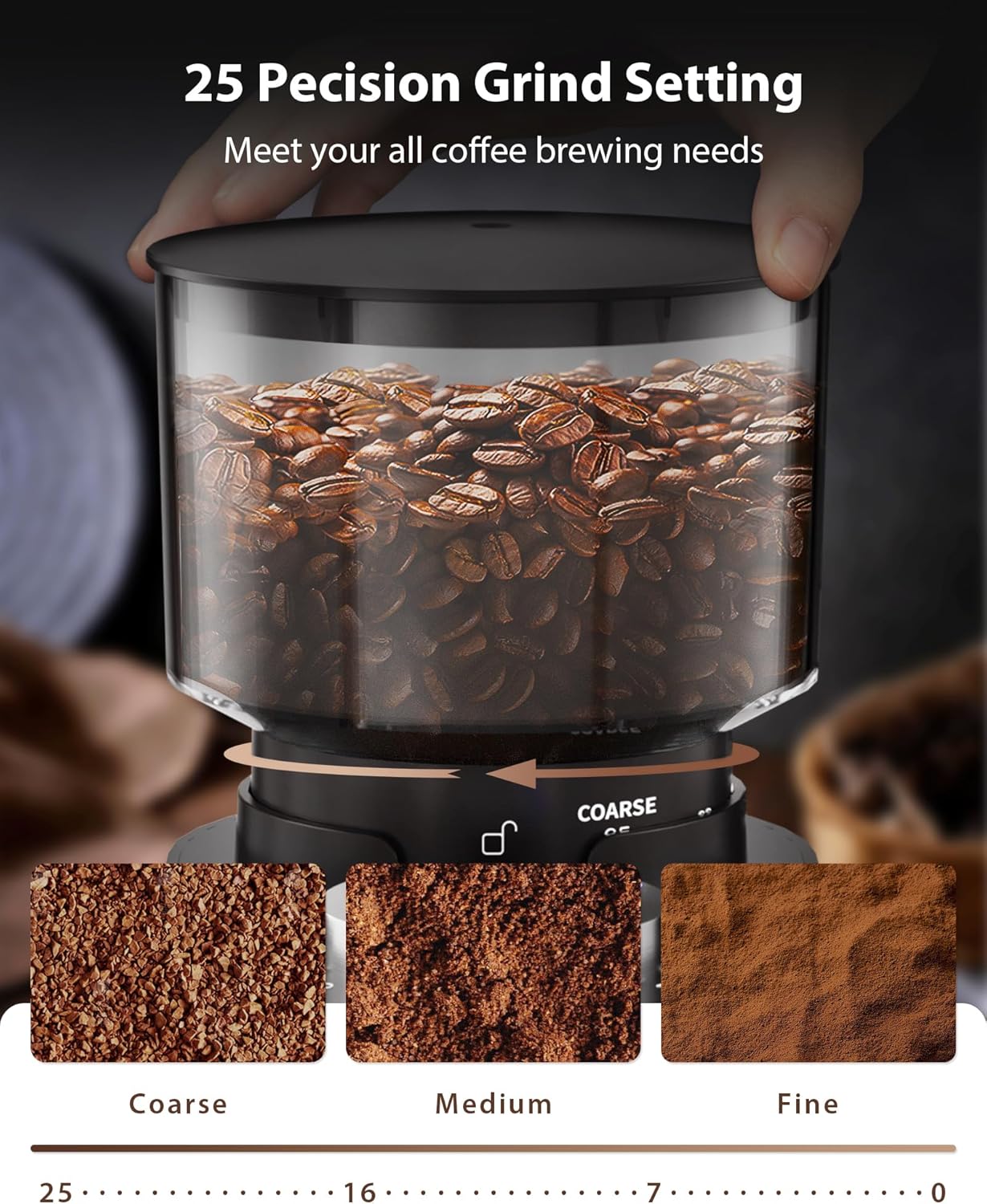 Dluxe Ave. Coffee Bean Grinder with 25 Grind Setting/ 2-12 Cups (Black)