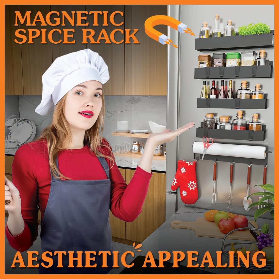 Dluxe Ave. 5-pack magnetic spice rack for refrigerator with Paper tower holder/ and 8 detachable hooks