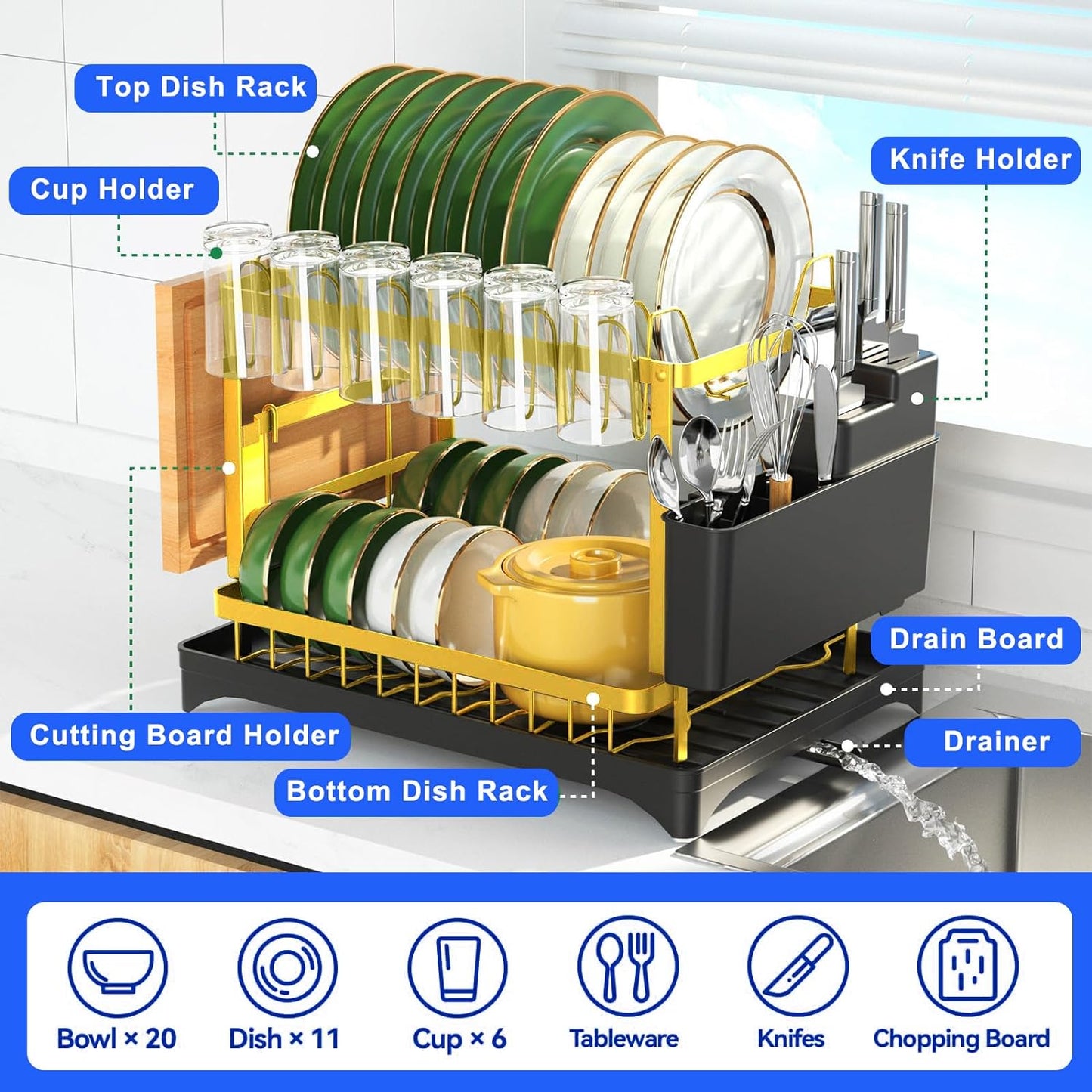 Dluxe Ave. Dish Drying Rack Gold/ Multifunctional/ 2 Tier