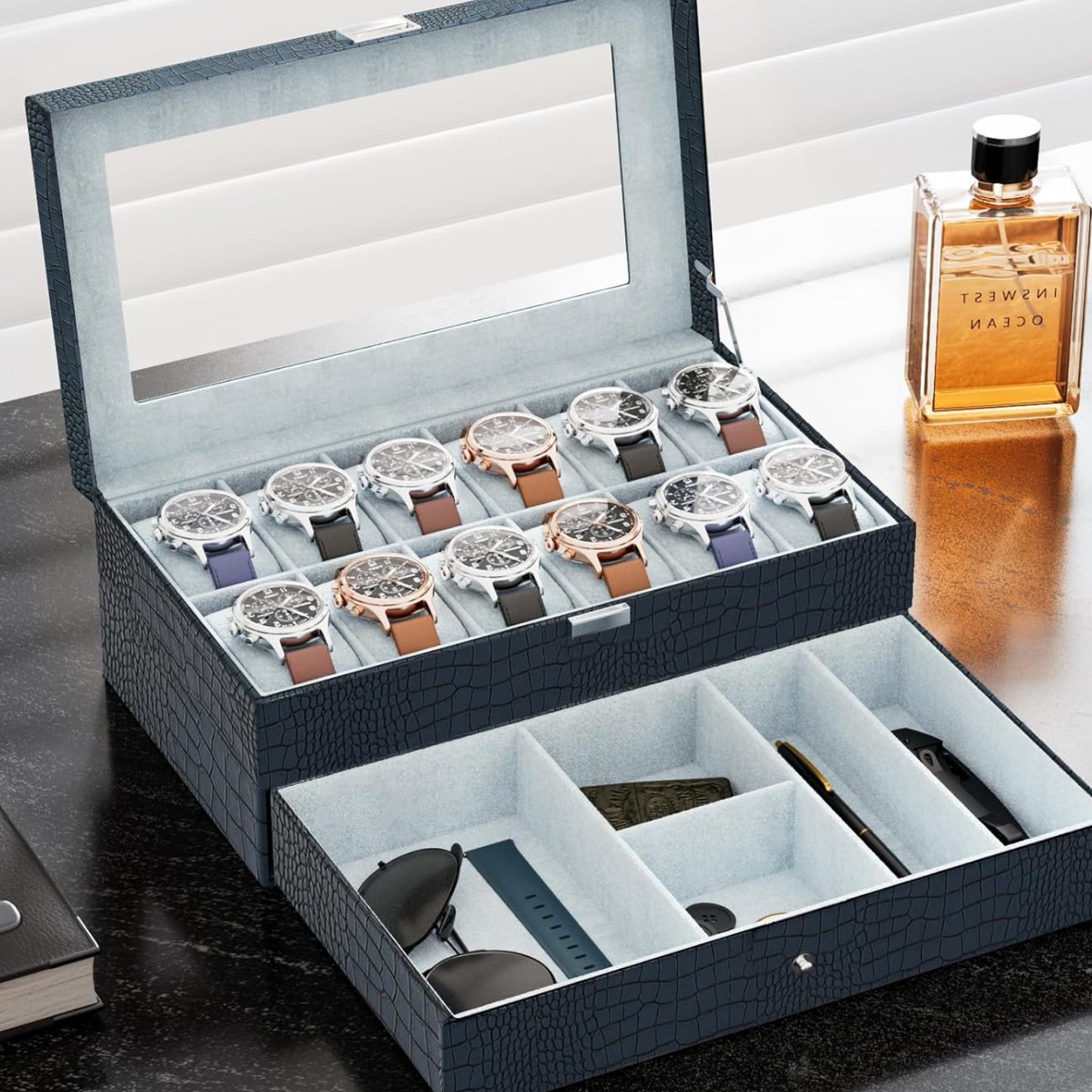 Dluxe Ave. 12 Slot Mens Watch Case With Drawer/ Green