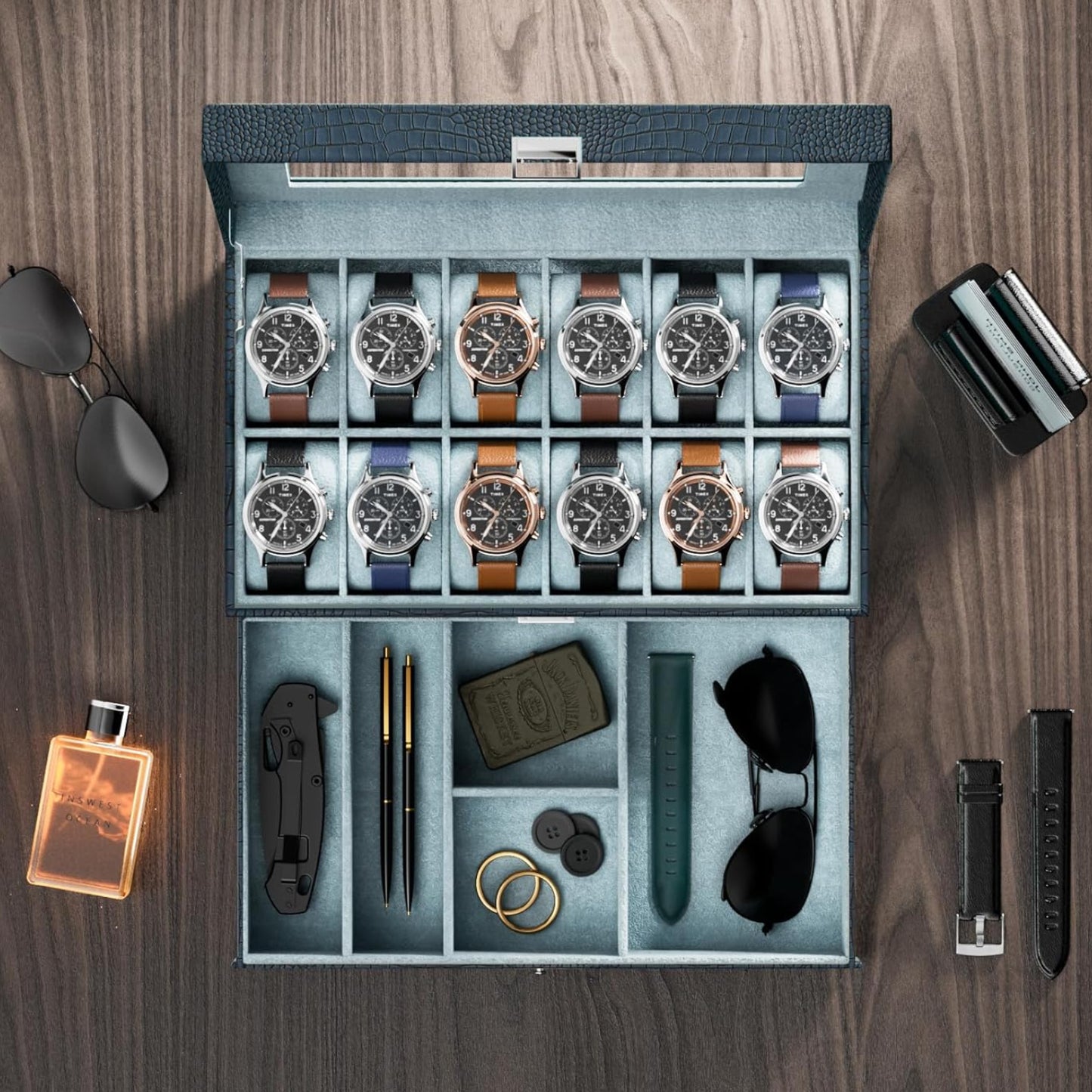 Dluxe Ave. 12 Slot Mens Watch Case With Drawer/ Green