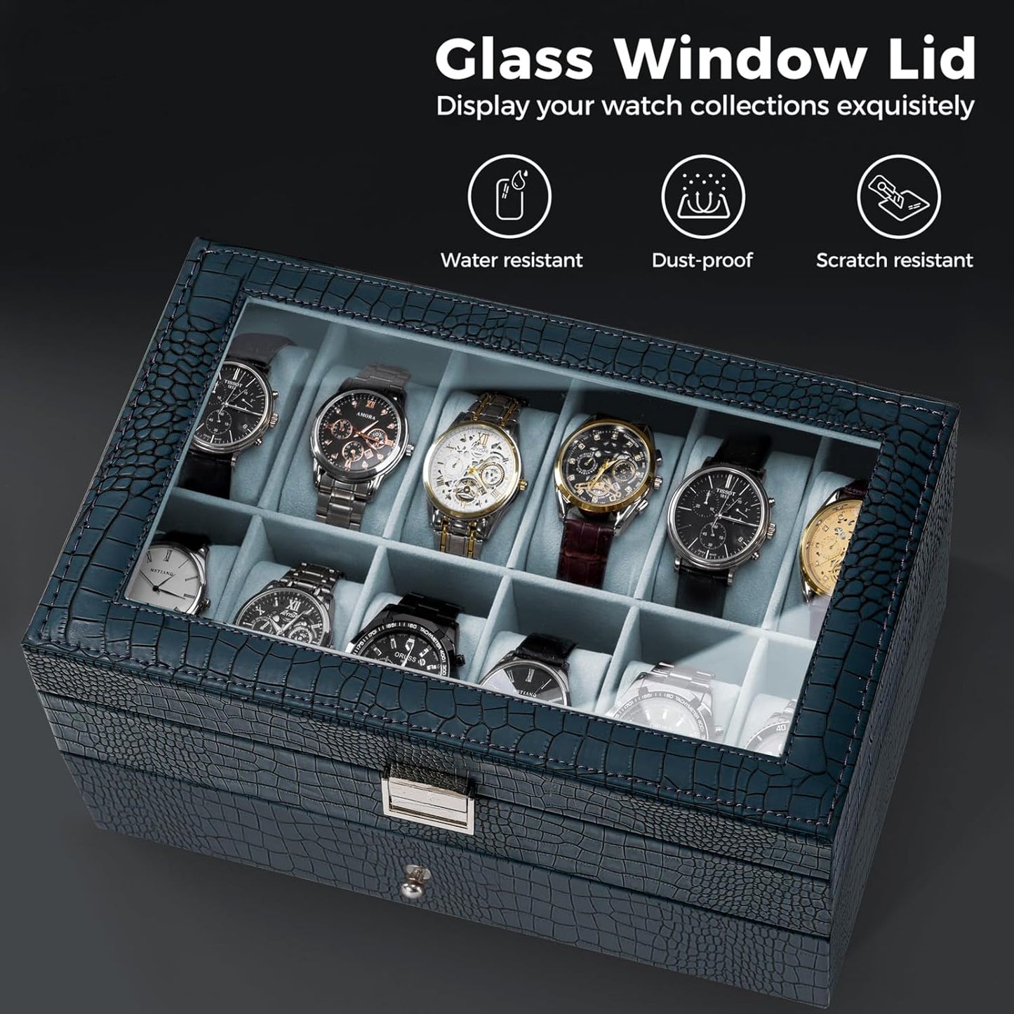 Dluxe Ave. 12 Slot Mens Watch Case With Drawer/ Green