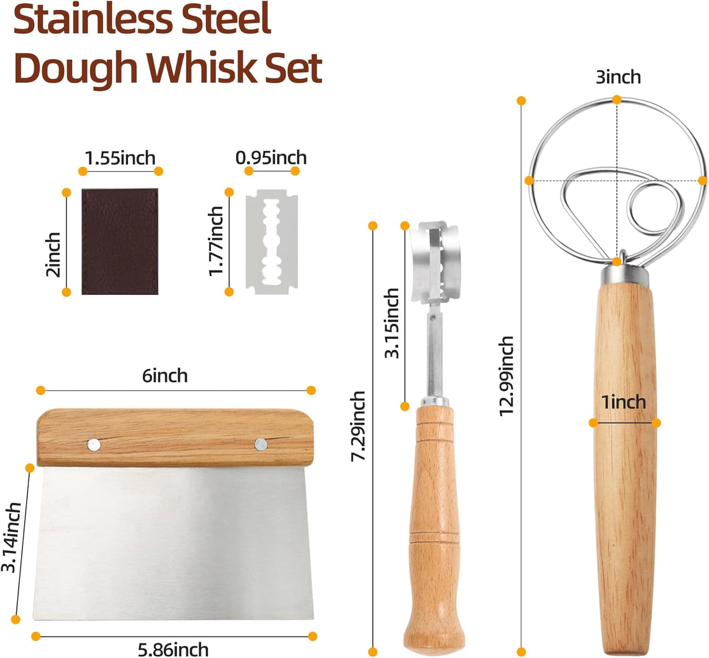 Dluxe Ave. Mee 2ou Danish Dough Whisk - Bench Scraper - Bread Lame Sourdough Scoring Tool Set Of 3Dough Cutter Dough Scoring Tool With 5 Blades