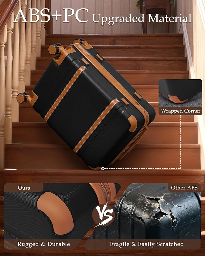Dluxe Ave. 4 Piece Luggage ABS Carry on Suitcase/ TSA Lock/ Spinner wheels (Black Brown)