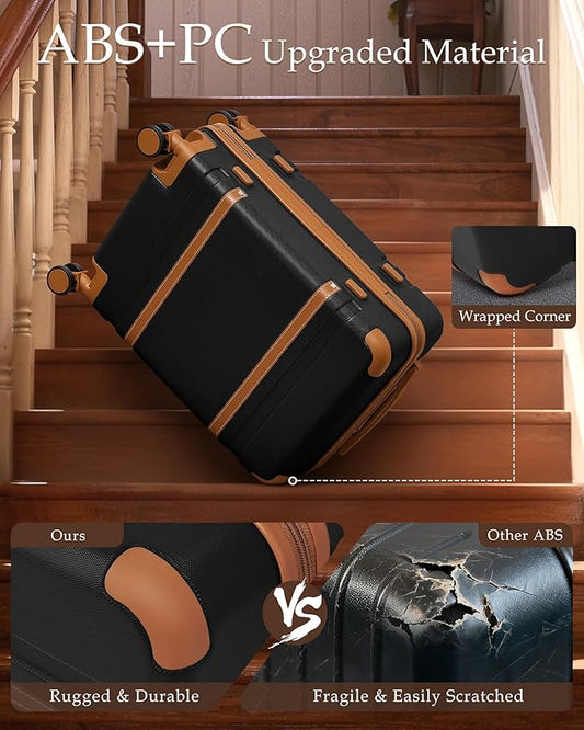 Dluxe Ave. 4 Piece Luggage ABS Carry on Suitcase/ TSA Lock/ Spinner wheels (Black Brown)
