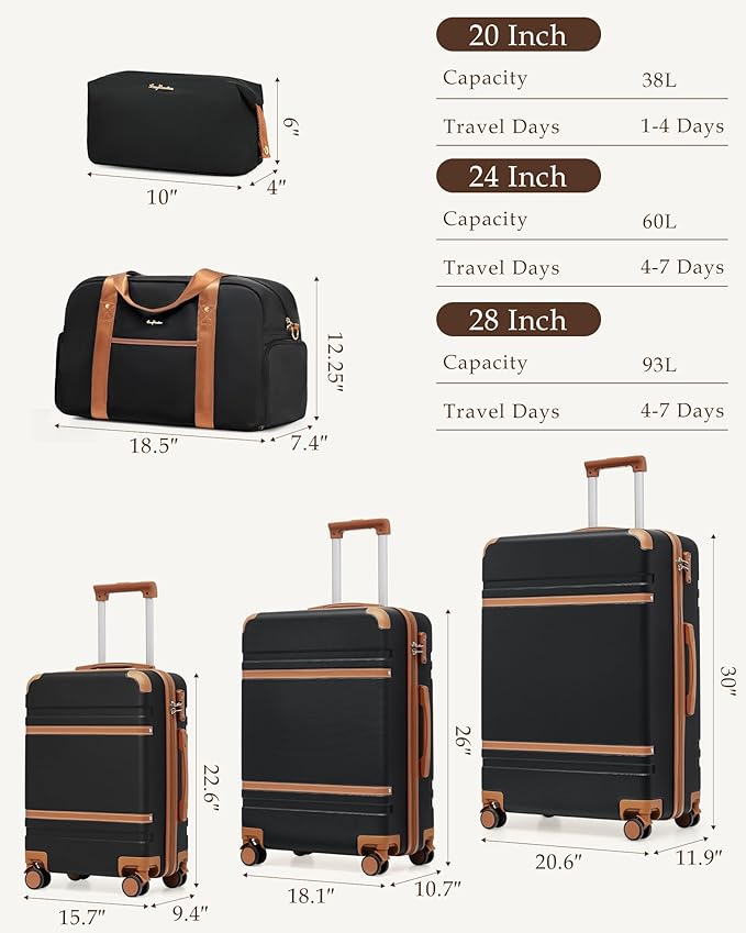 Dluxe Ave. 4 Piece Luggage ABS Carry on Suitcase/ TSA Lock/ Spinner wheels (Black Brown)