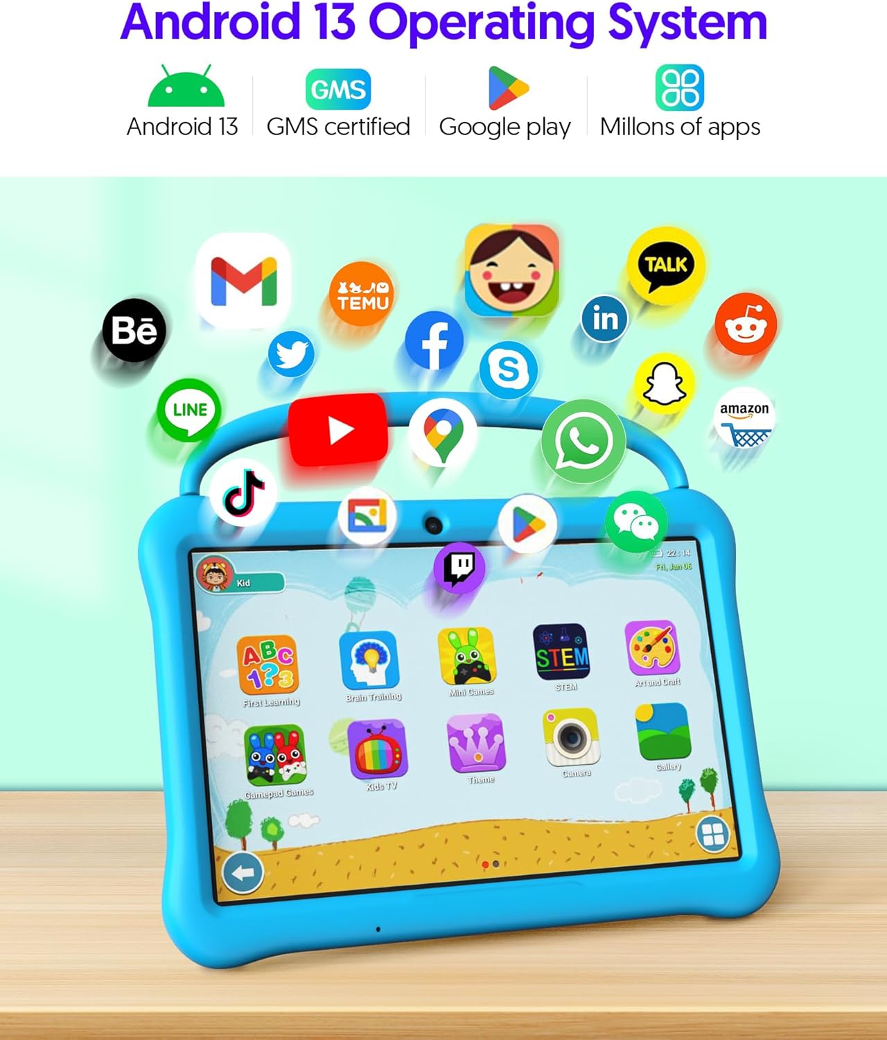 Dluxe Ave. PUTECCH Kids Tablet 10 inch Android 13 Tablet for Kids 2GB RAM 64GB ROM Quad-Core CPU Toddler Tablets Kids Space IPS HDTouch Screen Shockproof Case Parental Control WiFi Camera(Blue)