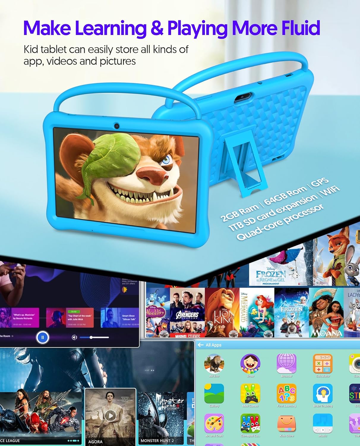 Dluxe Ave. PUTECCH Kids Tablet 10 inch Android 13 Tablet for Kids 2GB RAM 64GB ROM Quad-Core CPU Toddler Tablets Kids Space IPS HDTouch Screen Shockproof Case Parental Control WiFi Camera(Blue)