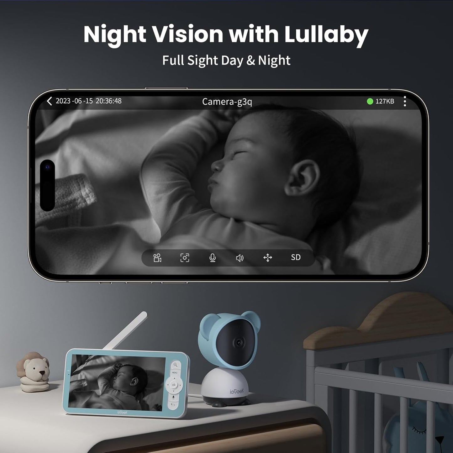 Dluxe Ave. ieGeek 5 Baby Monitor WiFi Smartphone 1080P Baby Camera Via Screen and App Control Night Vision Sound& Motion Detection 2-Way Talk 360° PTZ LCD Monitor Control