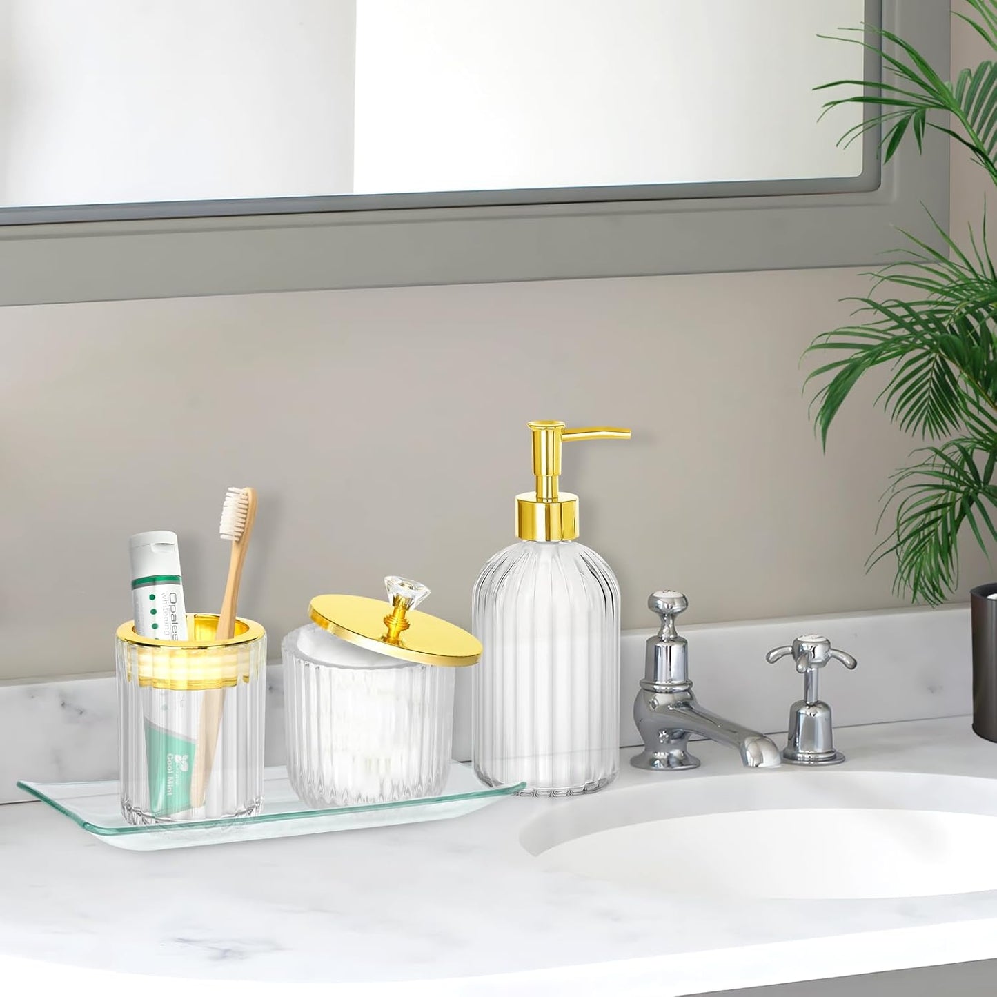 Dluxe Ave. Bathroom Accessories Set 4Pcs Clear and Gold Glass Bathroom Accessories Sets