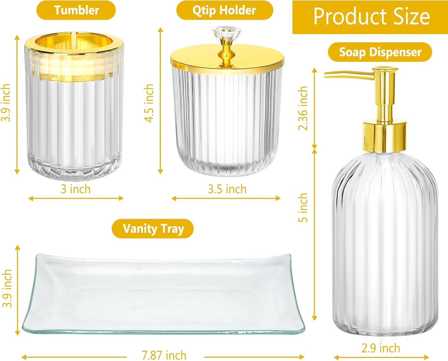 Dluxe Ave. Bathroom Accessories Set 4Pcs Clear and Gold Glass Bathroom Accessories Sets