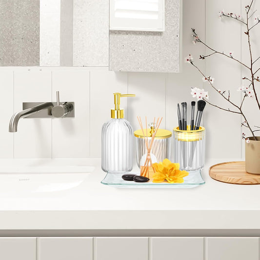 Dluxe Ave. Bathroom Accessories Set 4Pcs Clear and Gold Glass Bathroom Accessories Sets