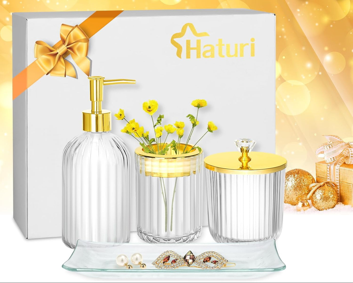 Dluxe Ave. Bathroom Accessories Set 4Pcs Clear and Gold Glass Bathroom Accessories Sets