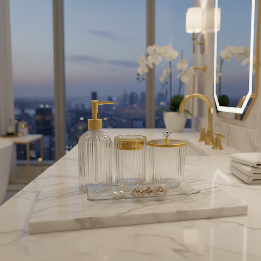 Dluxe Ave. Bathroom Accessories Set/ 4Pcs Clear and Gold Glass