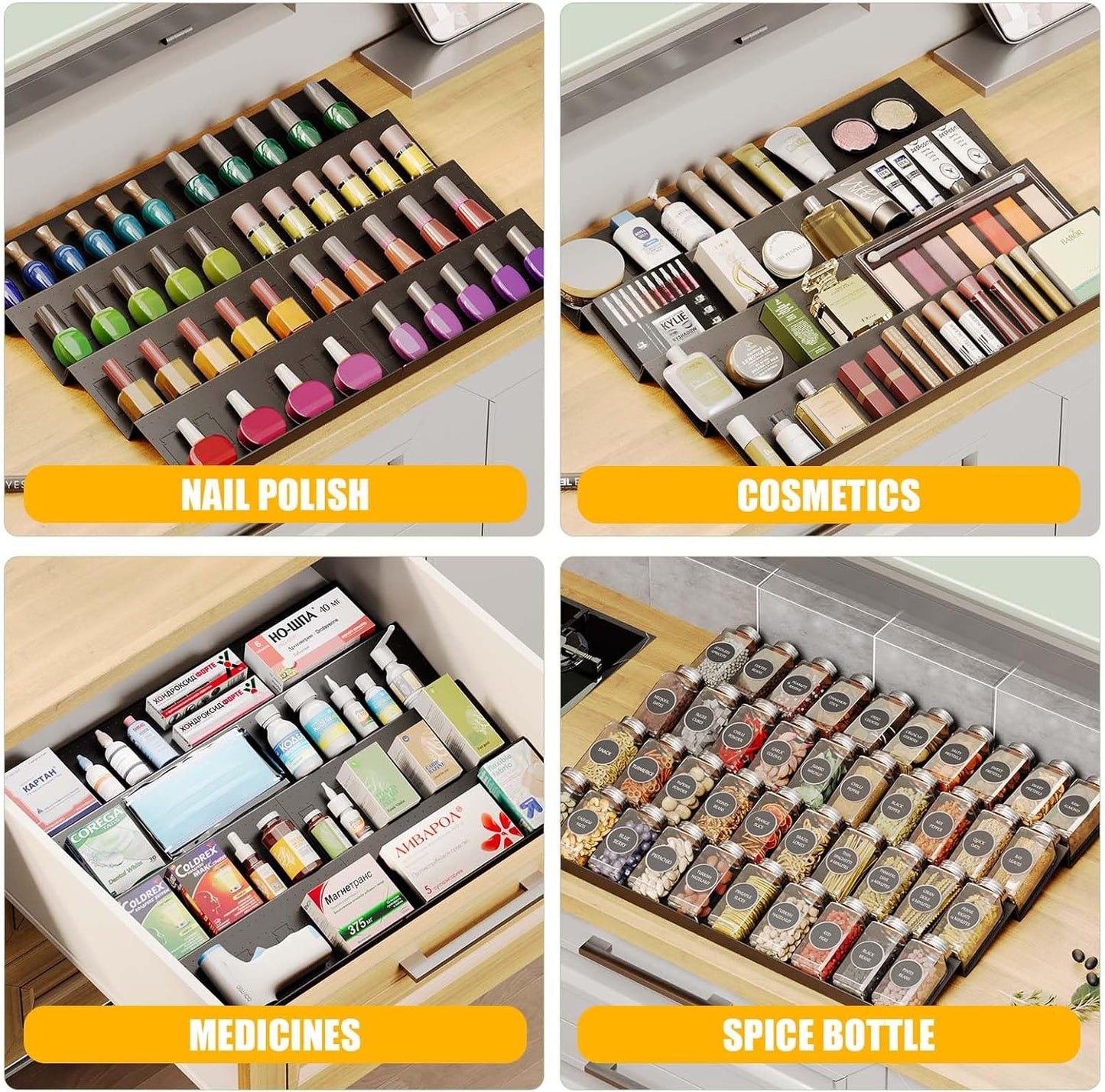 Dluxe Ave. Spice Drawer Organizer/ 8 Tier Expandable/ from 11.7" to 23.2"/Tray Insert for Kitchen Drawers