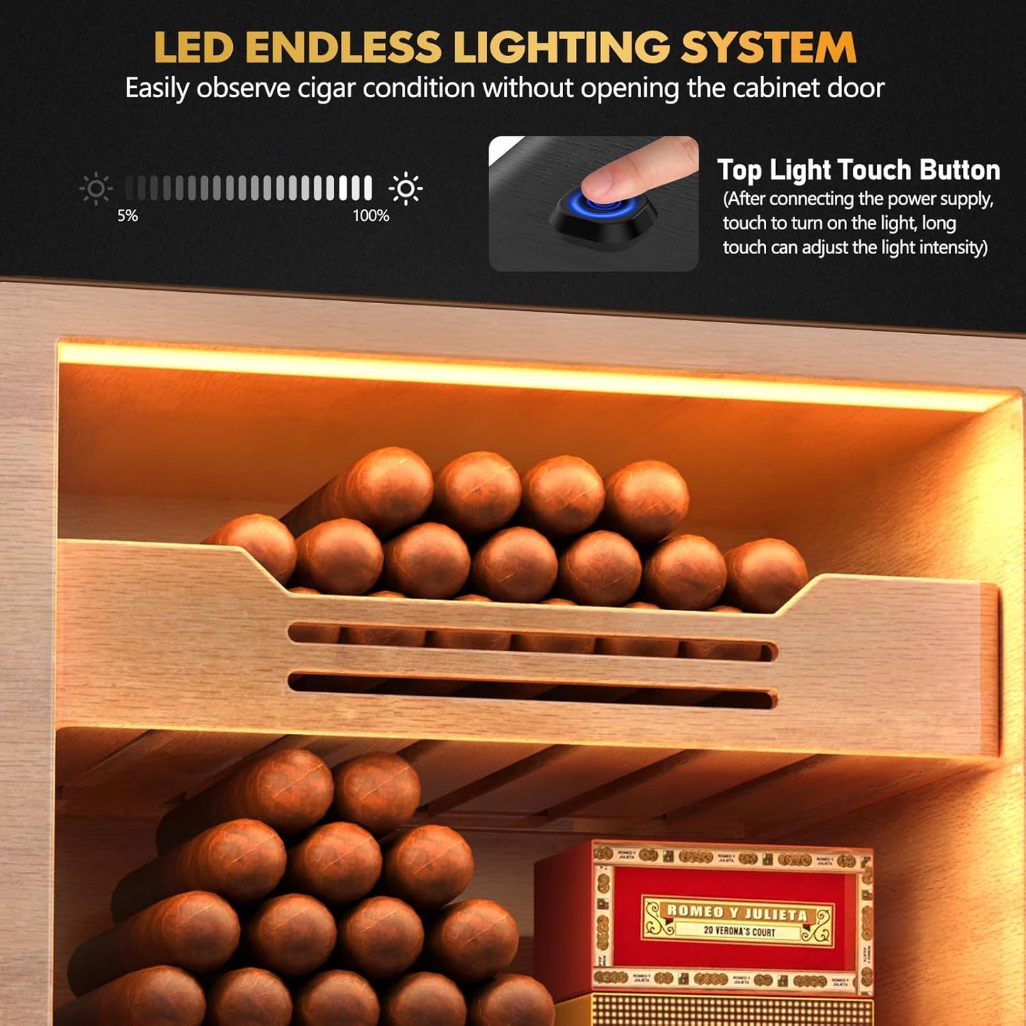 Dluxe Ave. Cigar Humidor Cabinet/ Light Control System/ Spanish Cedar Wood Shelves / (Brown)