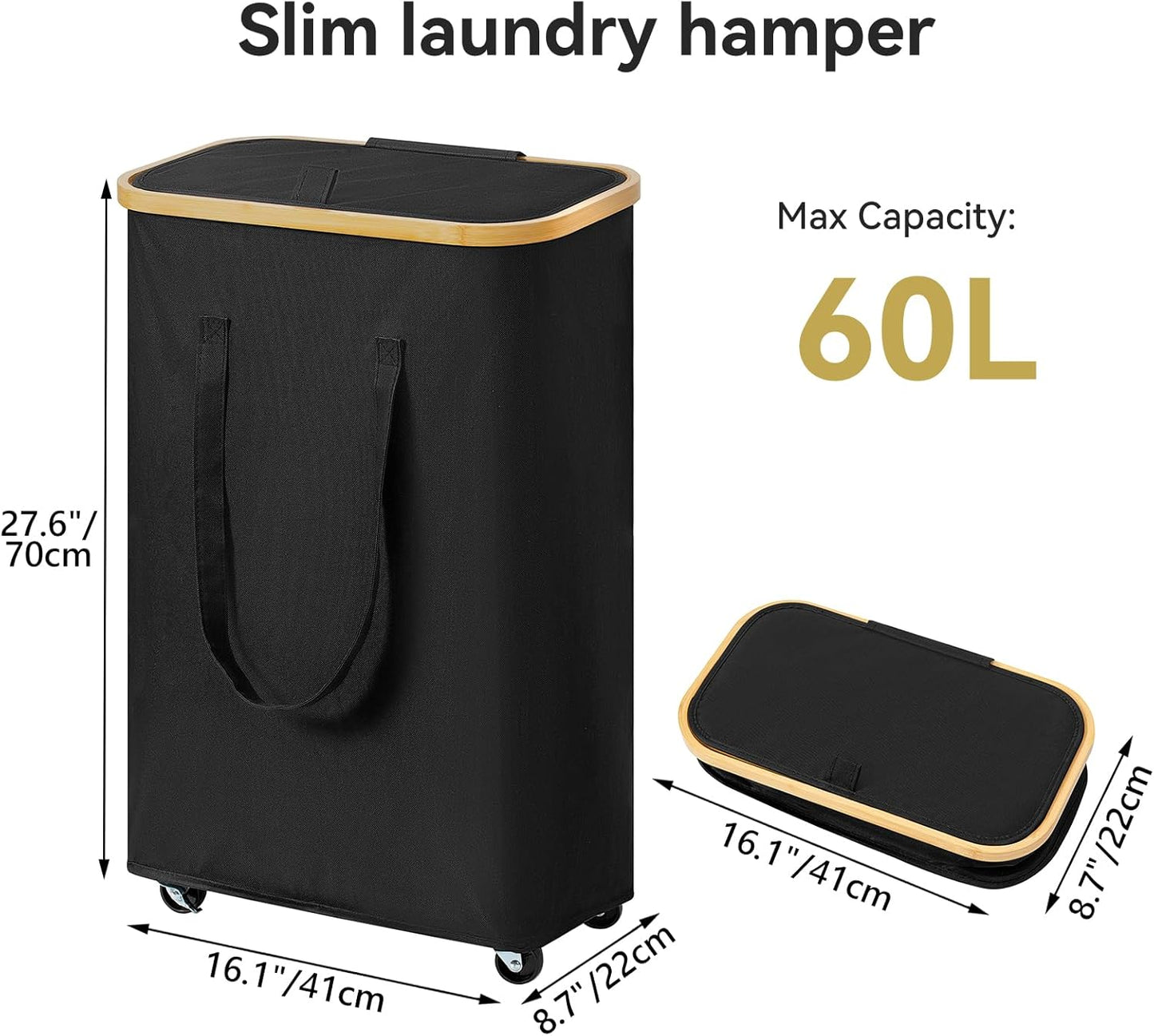 Dluxe Ave. Chirslley 60L Slim Laundry Basket with WheelsNarrow Laundry Hamper with Lid and Removable Liner Bag Foldable Clothes Hamper Organizer with Bamboo Handles for Bathroom Dorm Bedroom Black