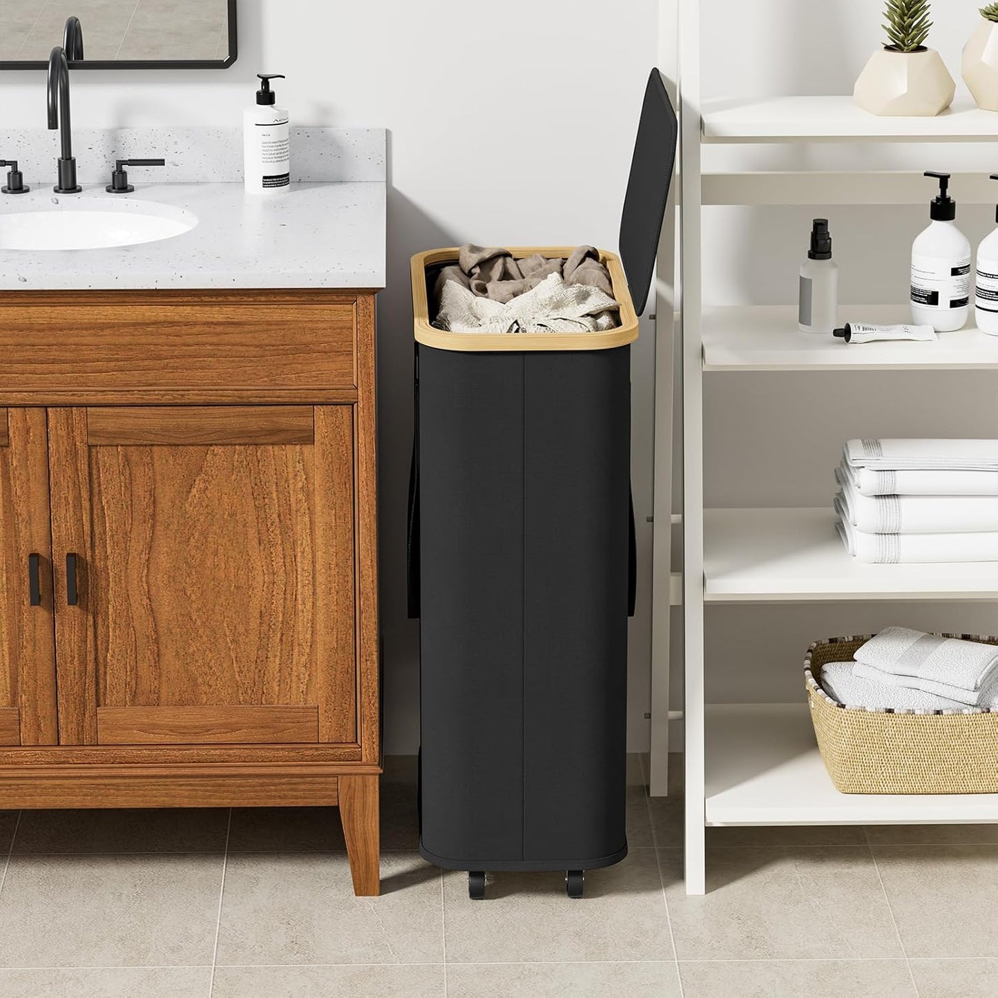 Dluxe Ave. Chirslley 60L Slim Laundry Basket with WheelsNarrow Laundry Hamper with Lid and Removable Liner Bag Foldable Clothes Hamper Organizer with Bamboo Handles for Bathroom Dorm Bedroom Black