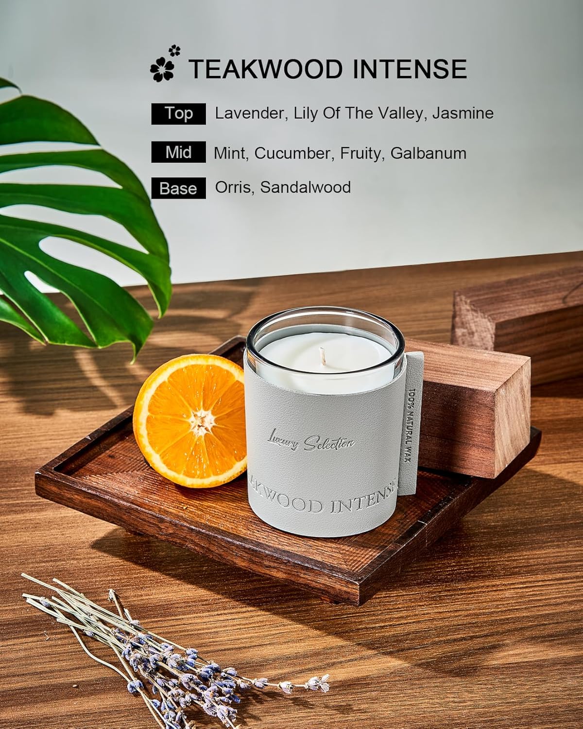 Dluxe Ave.  Leather Wrapped Luxury Soy Candle/ Teakwood Scented, 7.4oz 40 Hours Long