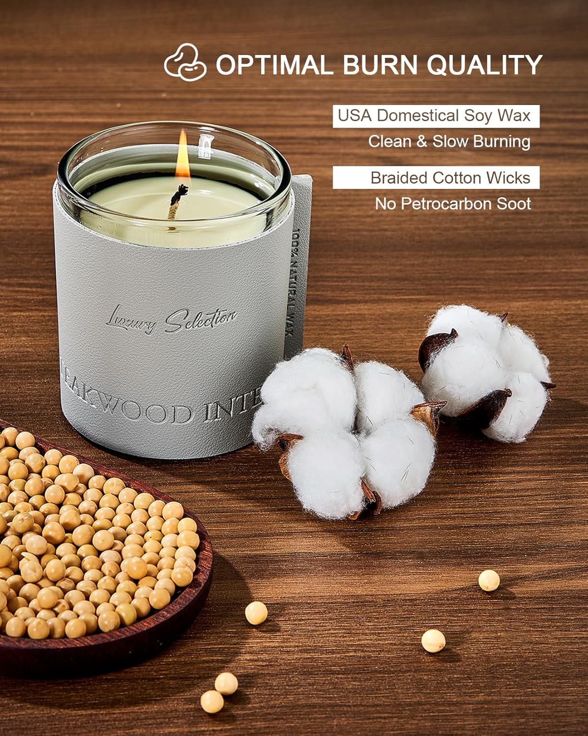 Dluxe Ave.  Leather Wrapped Luxury Soy Candle/ Teakwood Scented, 7.4oz 40 Hours Long