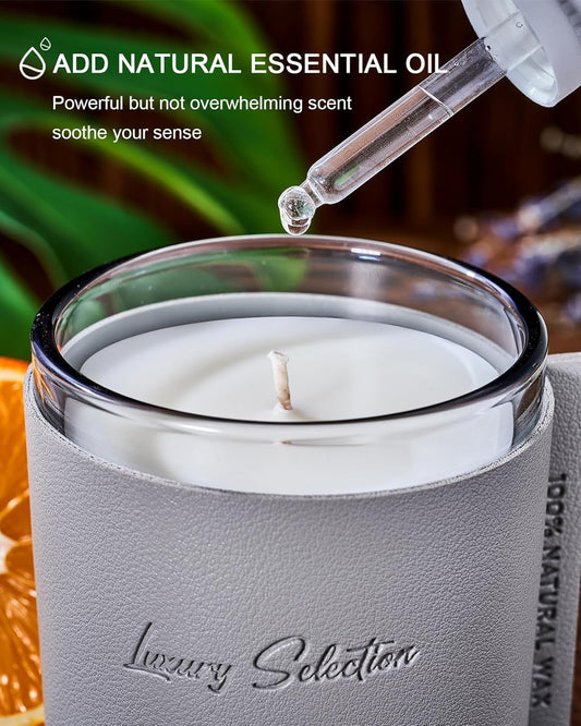 Dluxe Ave.  Leather Wrapped Luxury Soy Candle/ Teakwood Scented, 7.4oz 40 Hours Long