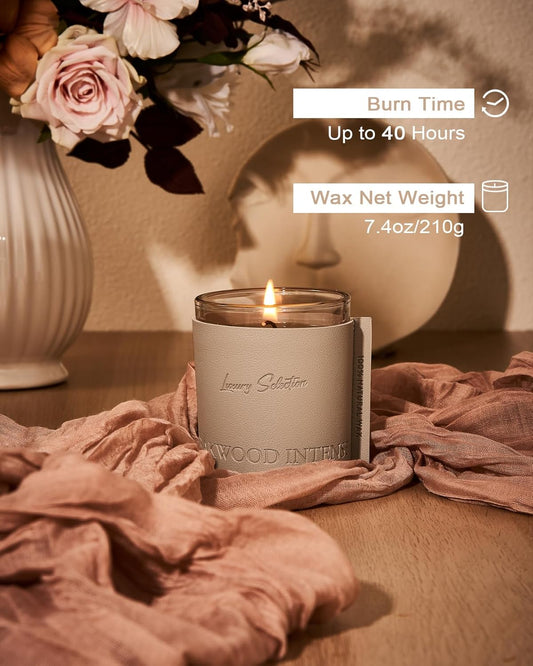 Dluxe Ave.  Leather Wrapped Luxury Soy Candle/ Teakwood Scented, 7.4oz 40 Hours Long