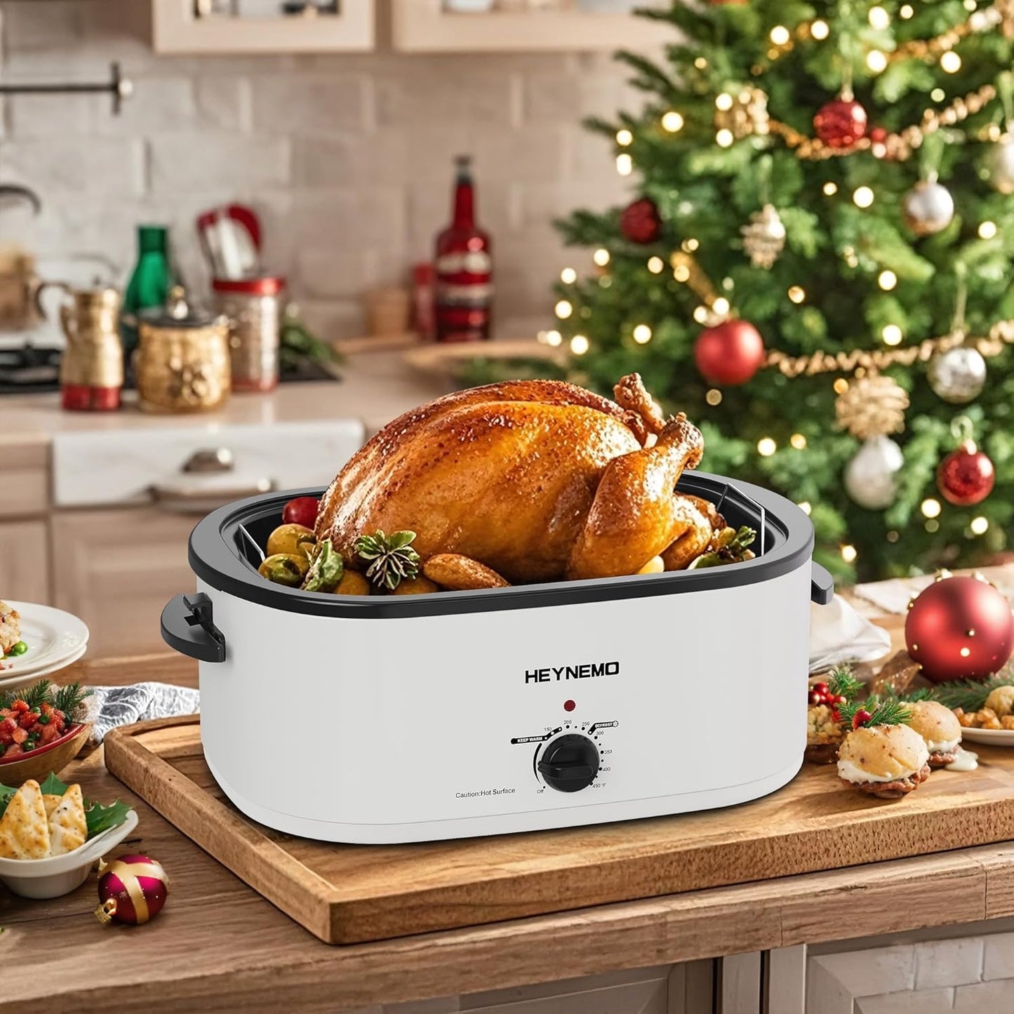 Dluxe Ave. 26QT Electric Roaster Oven, with Viewing & Self-basting Lid, Stainless Steel, White