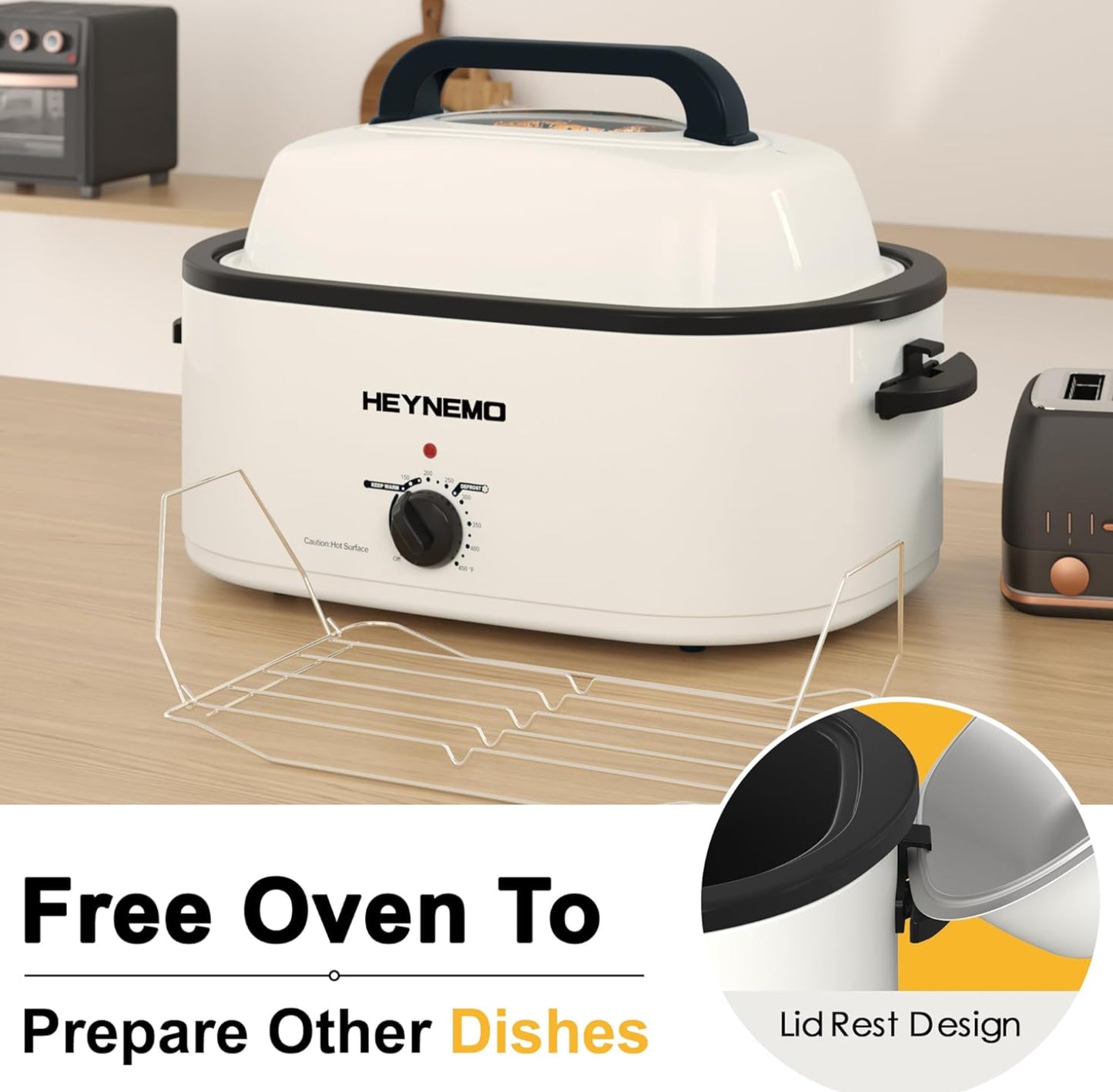 Dluxe Ave. 26QT Electric Roaster Oven, with Viewing & Self-basting Lid, Stainless Steel, White