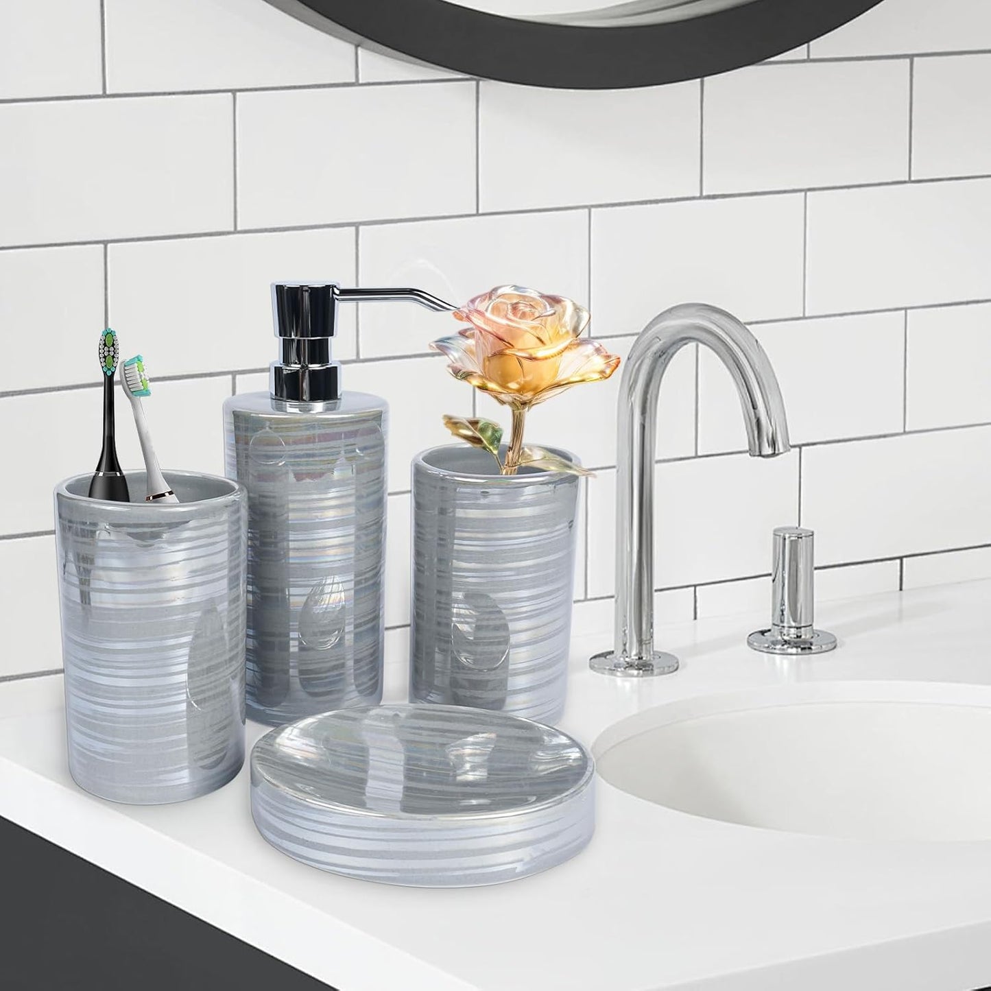 Dluxe Ave. Amaauto Gray Bathroom Accessories Set 4 Pcs Soap Dispenser Ceramic Bathroom Decor Set with Toothbrush Cup*2 Gray Soap Dispenser Soap Dish