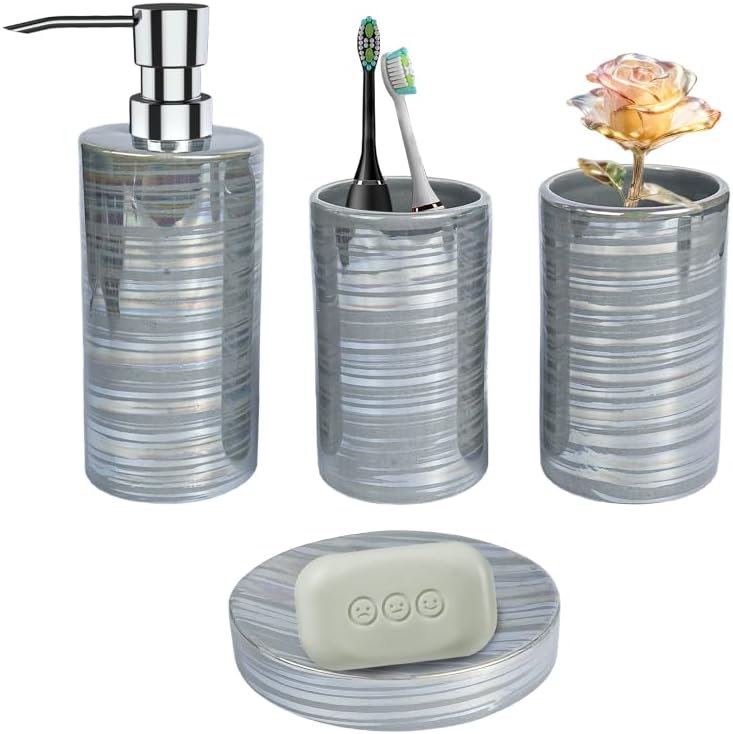 Dluxe Ave. Amaauto Gray Bathroom Accessories Set 4 Pcs Soap Dispenser Ceramic Bathroom Decor Set with Toothbrush Cup*2 Gray Soap Dispenser Soap Dish