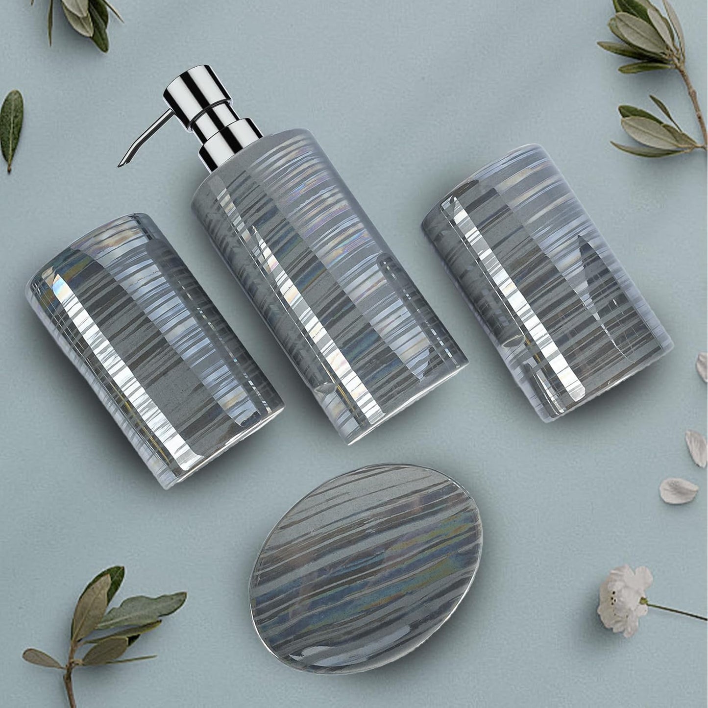 Dluxe Ave. Amaauto Gray Bathroom Accessories Set 4 Pcs Soap Dispenser Ceramic Bathroom Decor Set with Toothbrush Cup*2 Gray Soap Dispenser Soap Dish