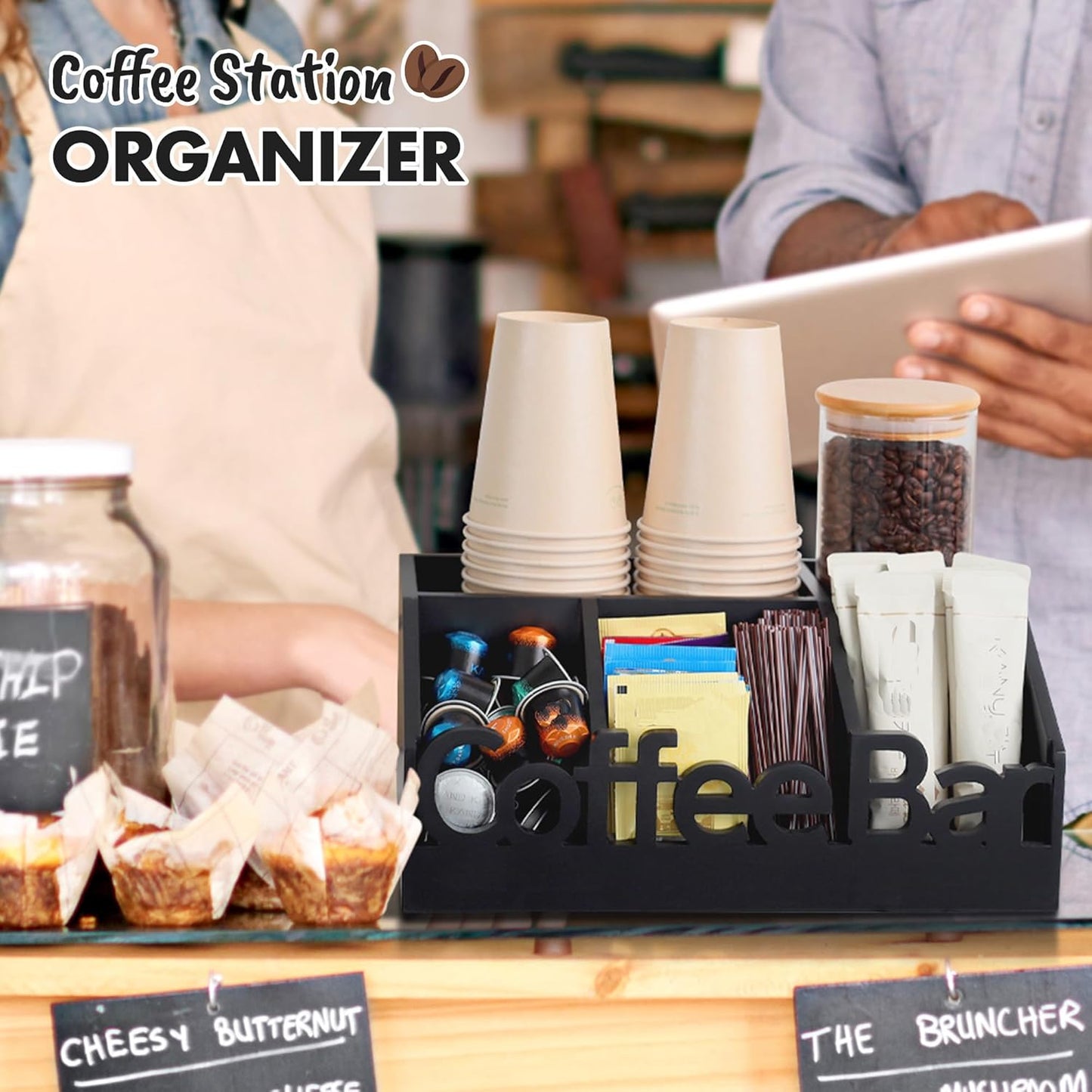 Dluxe Ave. Coffee Bar Organizer for Countertop / Wooden