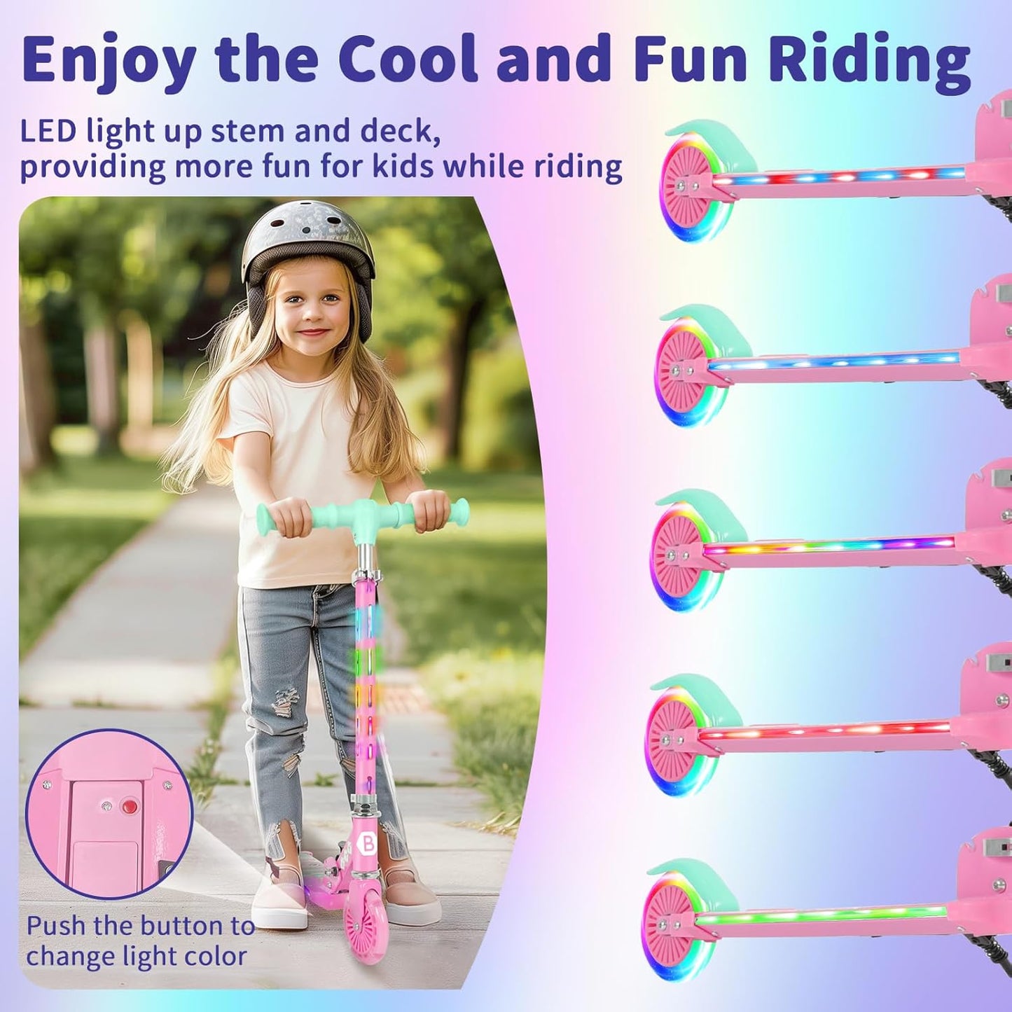 Dluxe Ave. BELEEV Scooters for Kids with Light-Up Wheels & Stem & Deck 2 Wheel Folding Scooter for Girls and Boys  Ages 3-12 (Teal Pink)