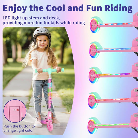 Dluxe Ave. BELEEV Scooters for Kids with Light-Up Wheels & Stem & Deck 2 Wheel Folding Scooter for Girls and Boys  Ages 3-12 (Teal Pink)