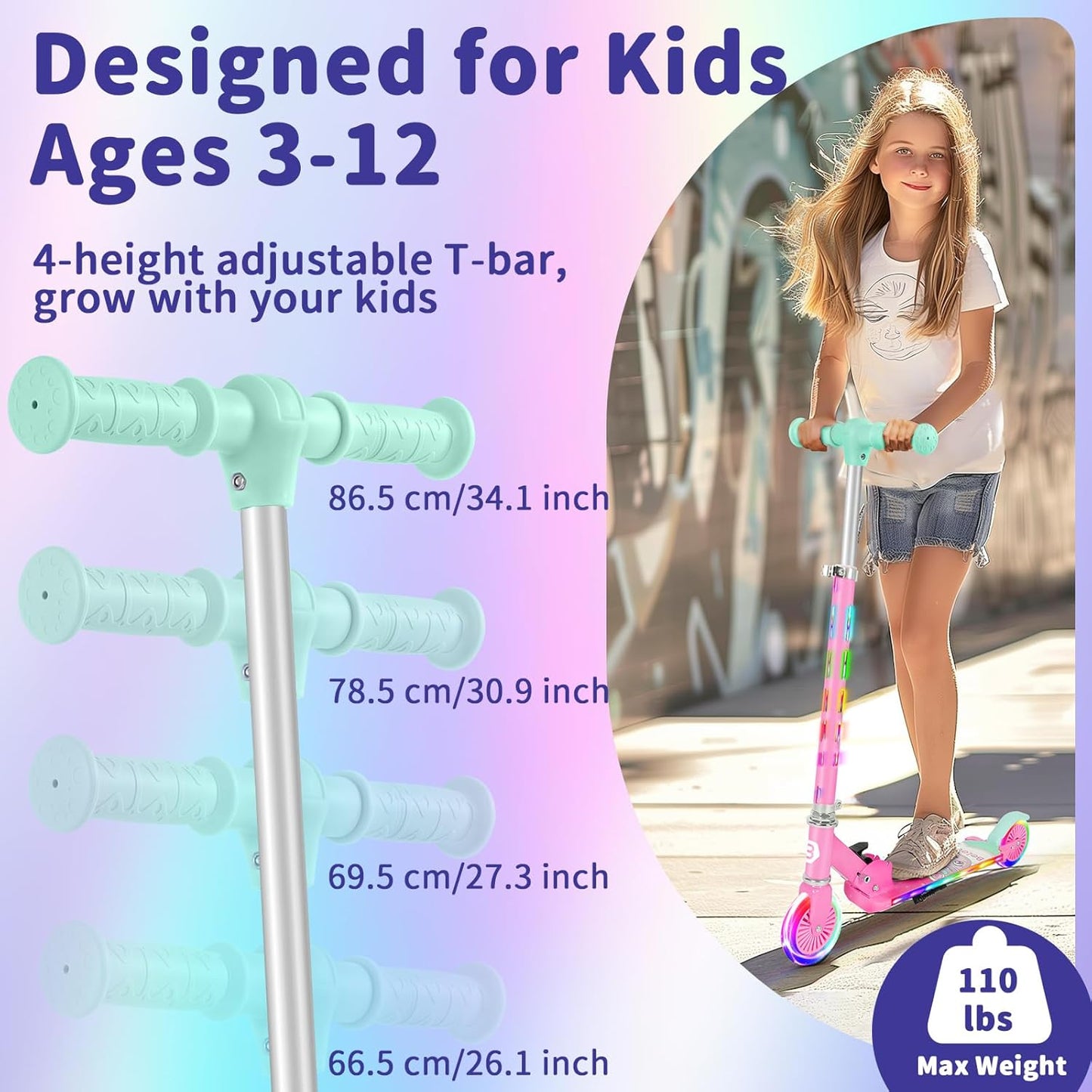 Dluxe Ave. BELEEV Scooters for Kids with Light-Up Wheels & Stem & Deck 2 Wheel Folding Scooter for Girls and Boys  Ages 3-12 (Teal Pink)