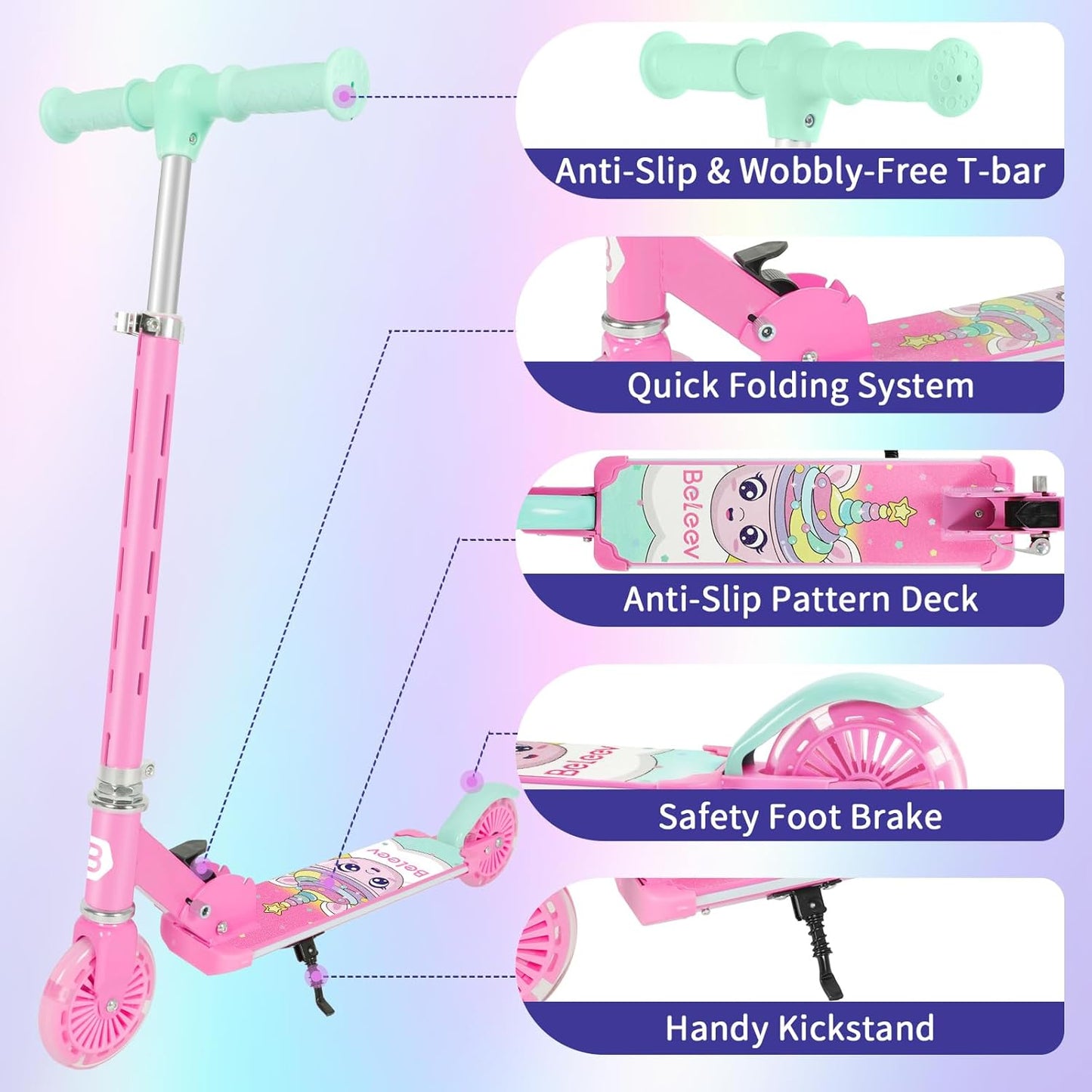 Dluxe Ave. BELEEV Scooters for Kids with Light-Up Wheels & Stem & Deck 2 Wheel Folding Scooter for Girls and Boys  Ages 3-12 (Teal Pink)