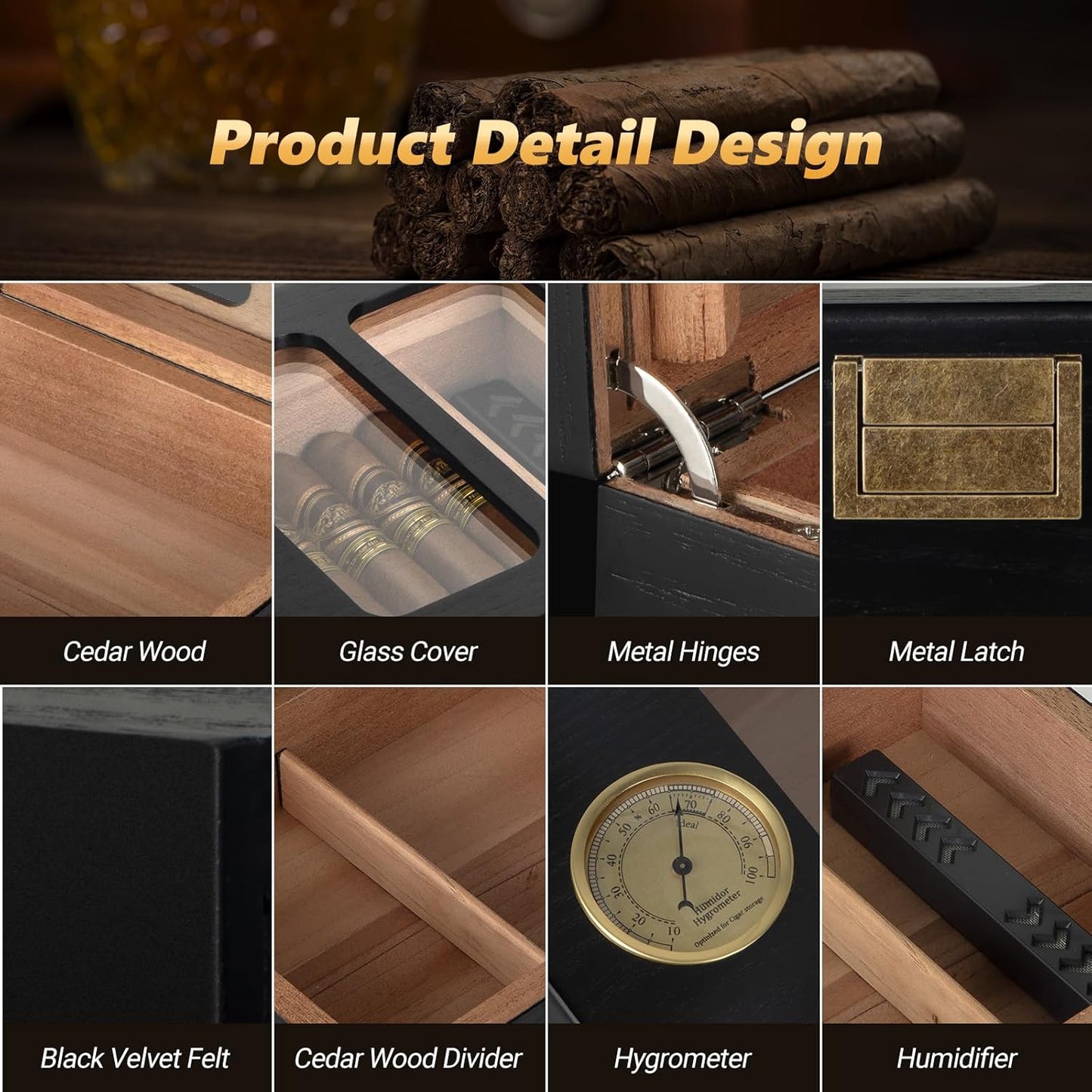 Dluxe Ave. Cigar Humidor Glass Top Cedar Wood/ Box for Men