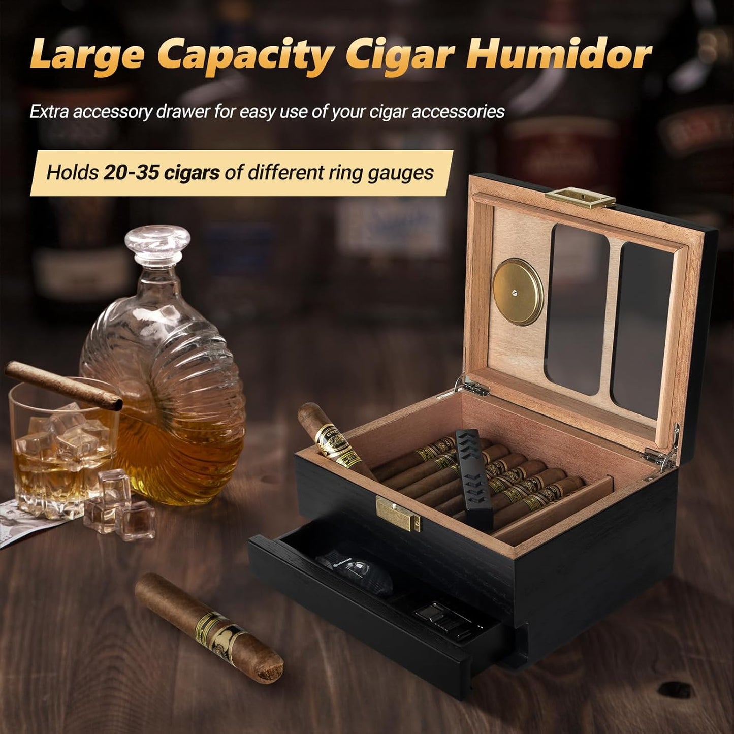 Dluxe Ave. Cigar Humidor Glass Top Cedar Wood/ Box for Men