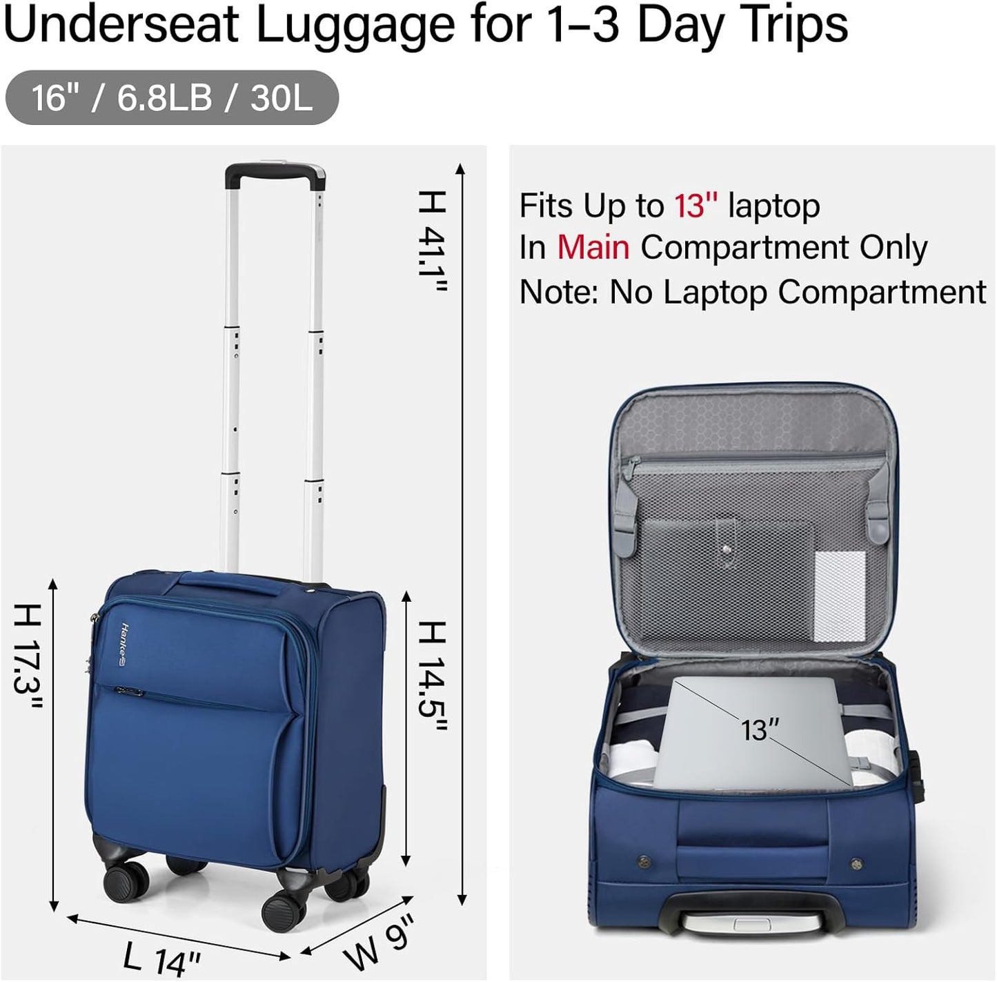 Hanke 16 Inch Underseat Carry On Luggage with Spinner Wheels for Airline Small Softside TSA Approved Luggage Lightweight Rolling Suitcases Under Seat Travel Carry-On Bag(Blue)