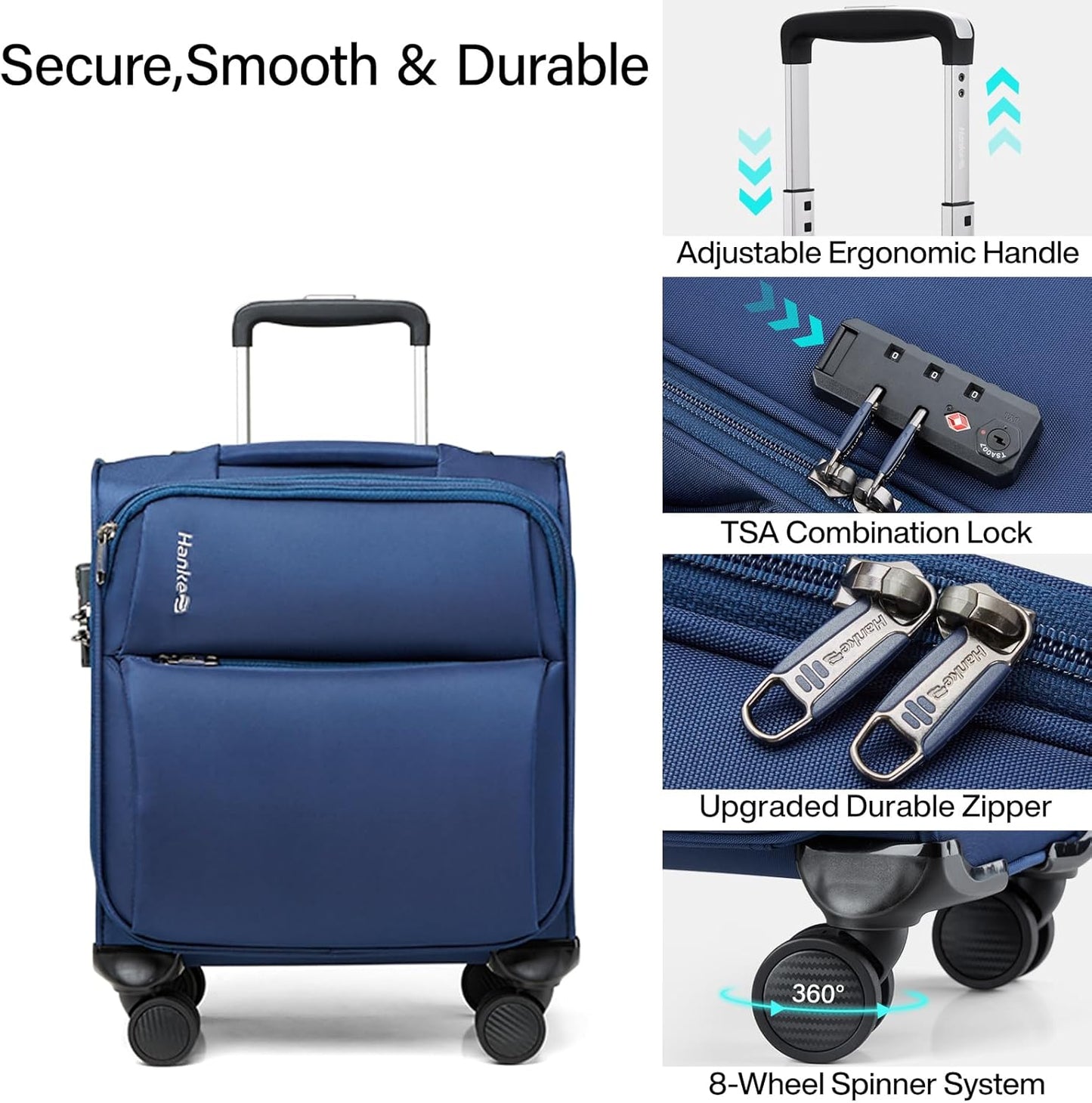 Hanke 16 Inch Underseat Carry On Luggage with Spinner Wheels for Airline Small Softside TSA Approved Luggage Lightweight Rolling Suitcases Under Seat Travel Carry-On Bag(Blue)
