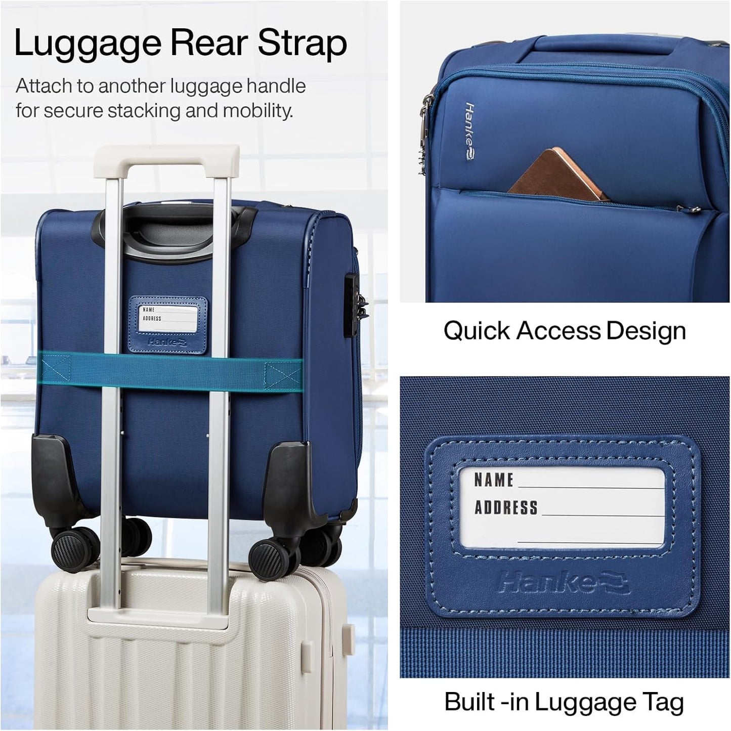 Hanke 16 Inch Underseat Carry On Luggage with Spinner Wheels for Airline Small Softside TSA Approved Luggage Lightweight Rolling Suitcases Under Seat Travel Carry-On Bag(Blue)