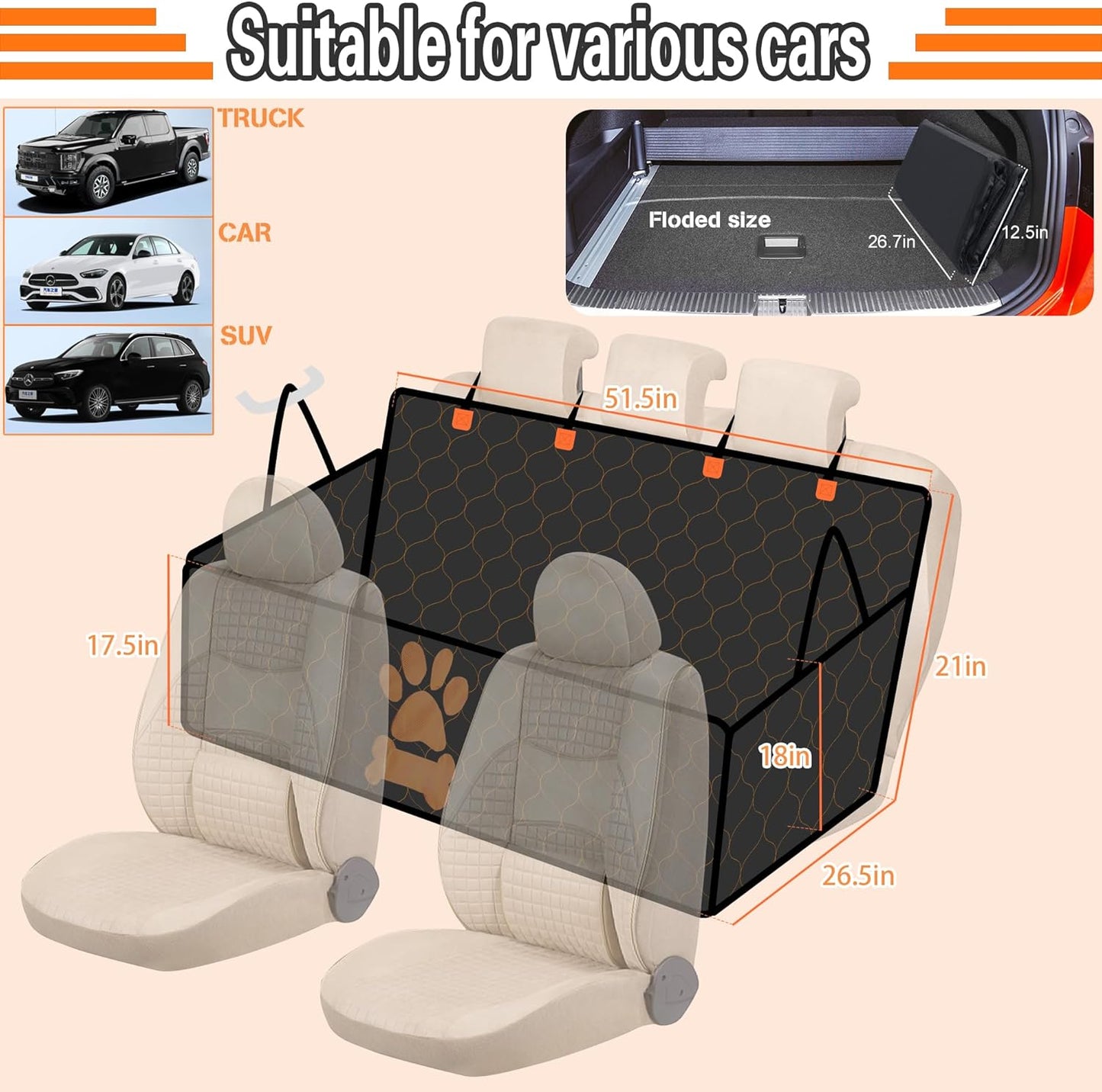 Dluxe Ave.  Back Seat Extender for Dogs Waterproof Dog Car Seat Cover with Hard Bottom Holds Up to 400 lbs Sturdy Pet Car Hammock Nonslip Dog Backseat Cover for Car SUV Truck