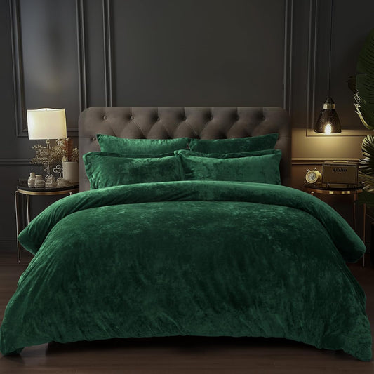 Dluxe Ave. ( QUEEN ) 5 Pcs Velvet Comforter Set/ Soft Luxury Silk Bedding Comforter/ Emerald Green