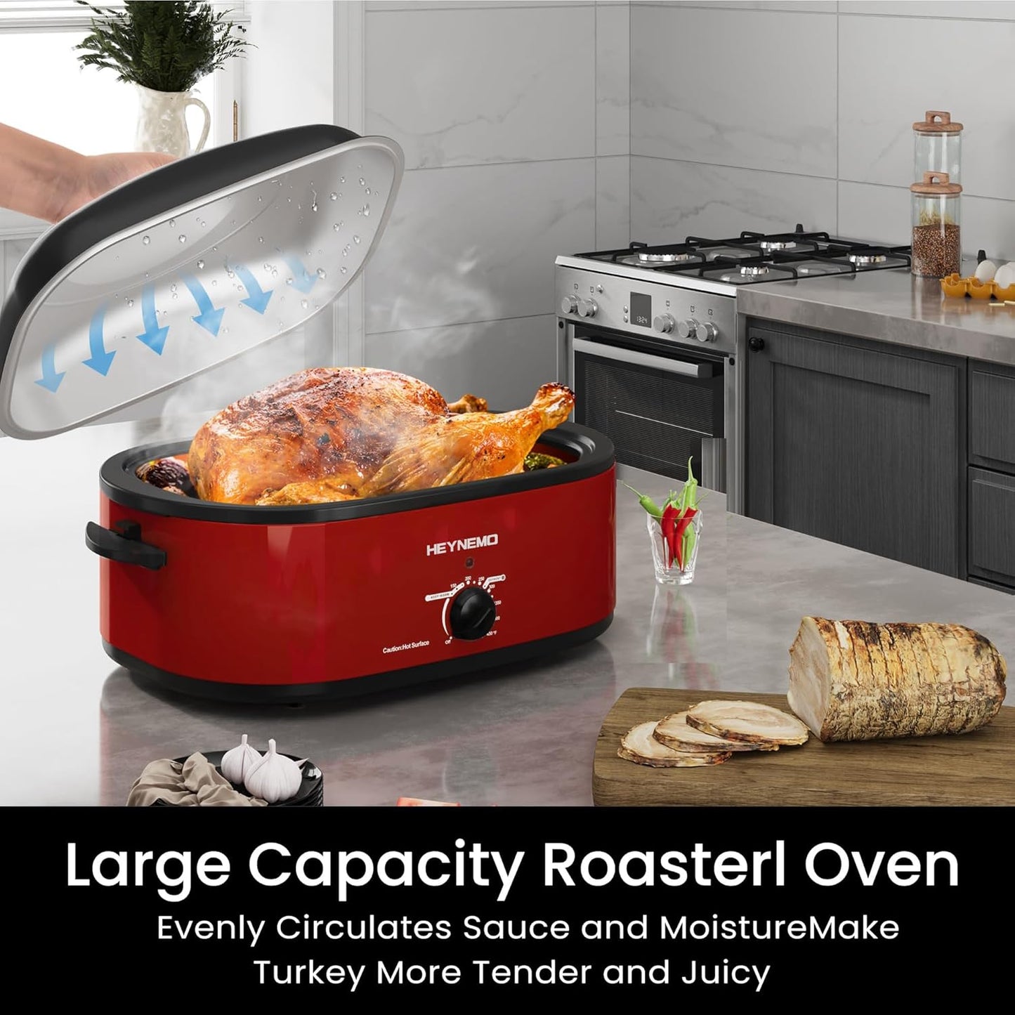 Dluxe Ave. 18 Quart Roaster Oven with Self-Basting Lid, Removable Pan & Rack, Stainless Steel, Red