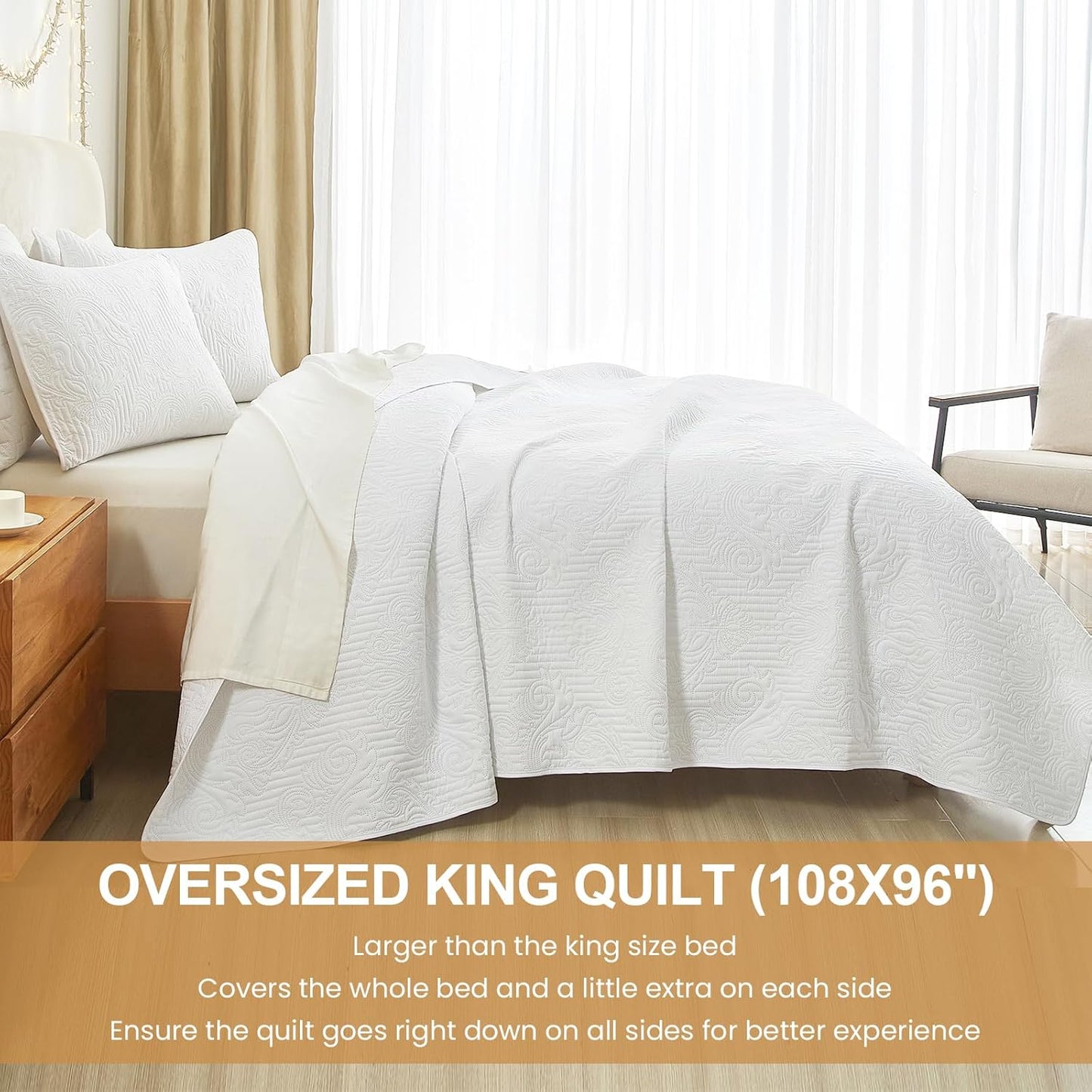 Dluxe Ave. ( CALI./ KING ) 3 Pcs Quilt Set/ Lightweight Summer Bedspread for All Seasons/  White